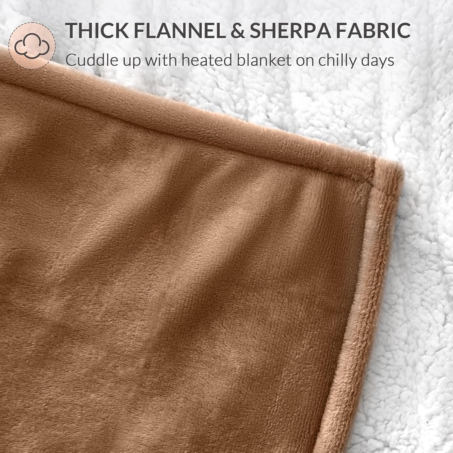 HOMLYNS LuxeHeat Heated Blanket Electric Blanket, Soft Flannel Sherpa Heated Throw, Heating Blanket with 5 Heat Settings, 3 hrs Timer Auto Shut Off (50x60 inches, Coffee) - Image 5
