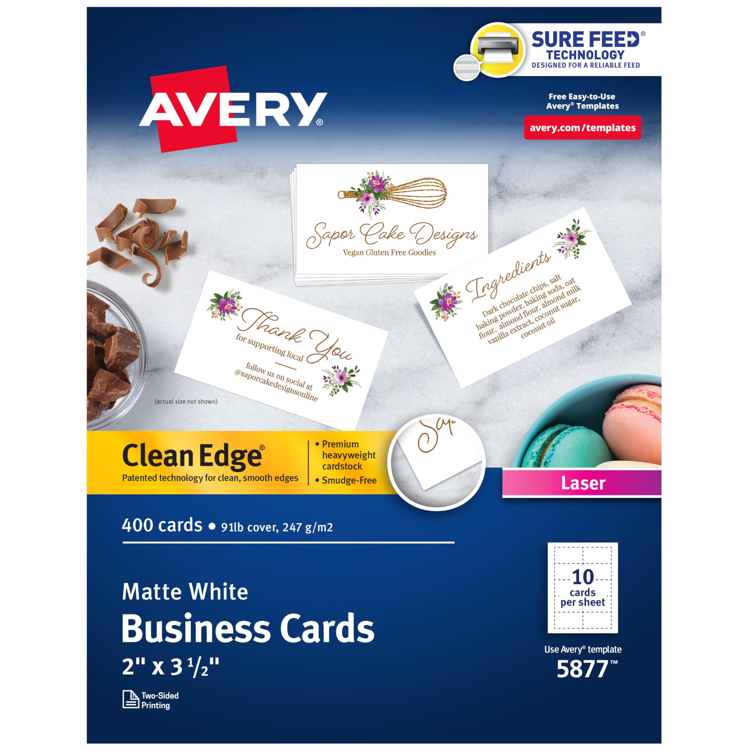 Avery Clean Edge Printable Business Cards with Sure Feed Technology, 2" x 3.5", White, 400 Blank Cards for Laser Printers (5877)