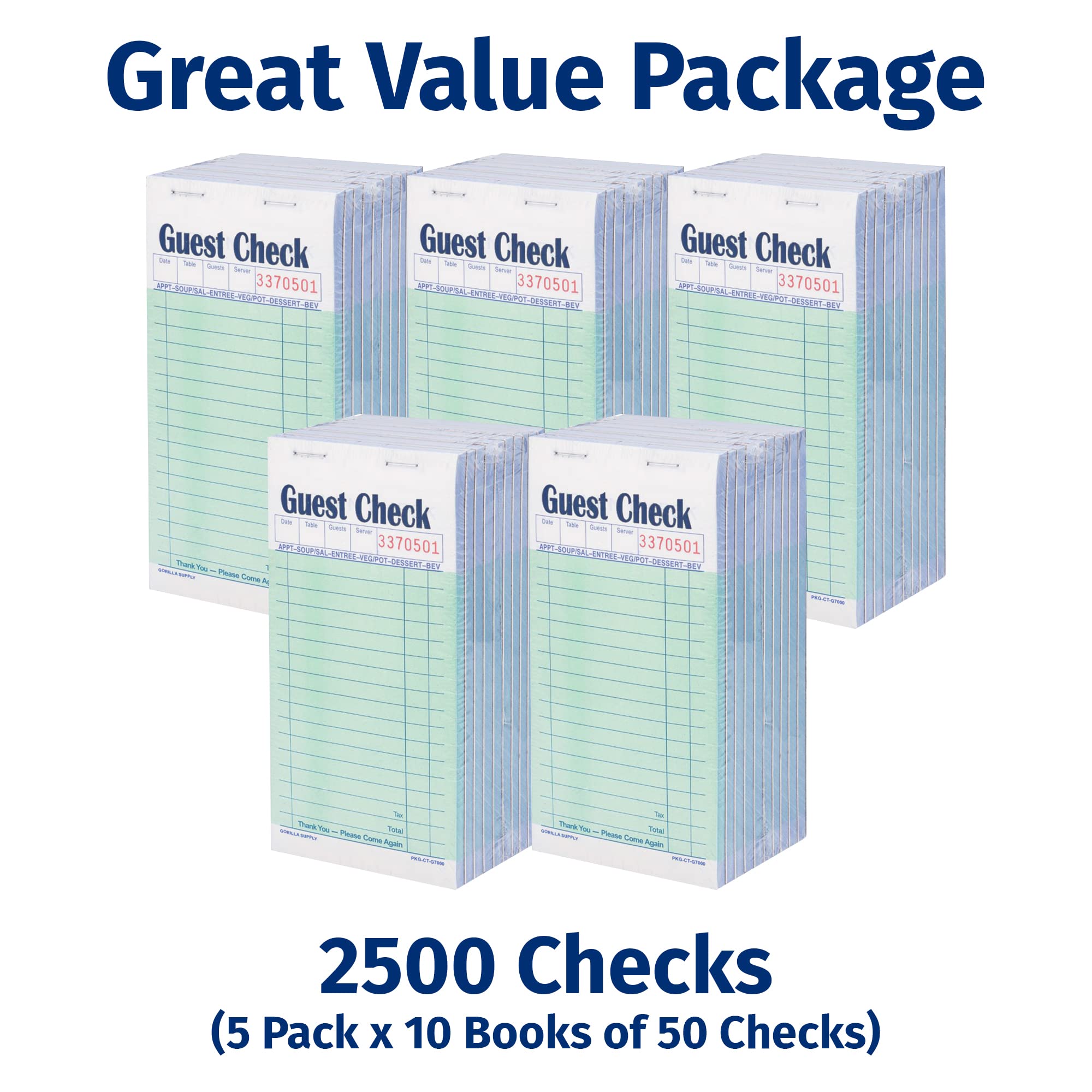 [2500] Gorilla Supply Guest Check Book 8,6 x 17,1 cm Blocco appunti per cameriere e cameriere, controlli perforati a 2 strati senza carbonio, verde, 2500 (5 pkg x 50 set x 10 libri)