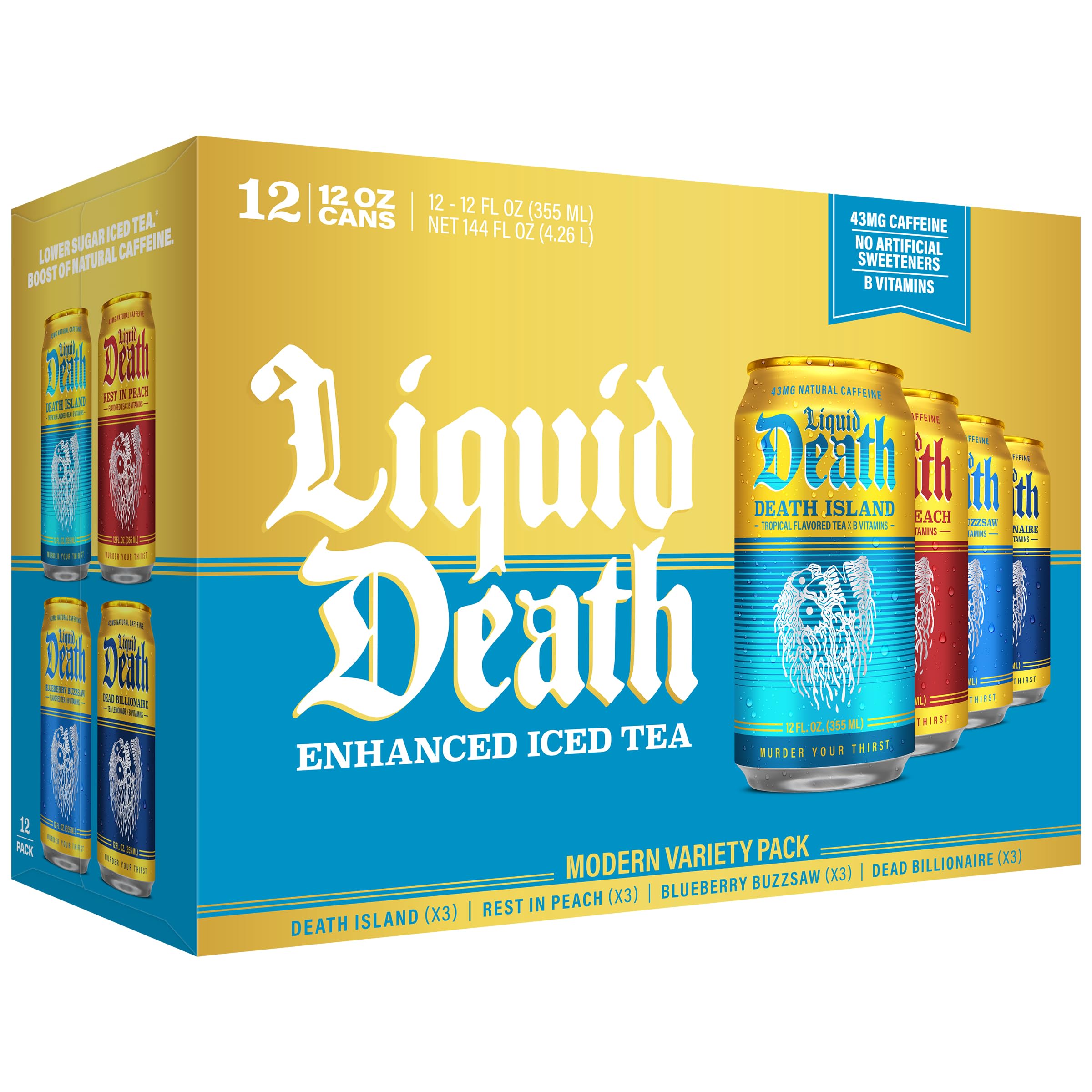 Liquid Death Iced Tea - Modern Variety, Less Sugar*, Boost of Caffeine, B Vitamins, No Artificial Sweeteners, 4 Flavors: Tea/Lemonade, Rest in Peach, Death Island, Blueberry Buzzsaw, 12 Fl Oz (Pack of 12) Modern Variety Pack 12 Fl Oz (Pack of 12)