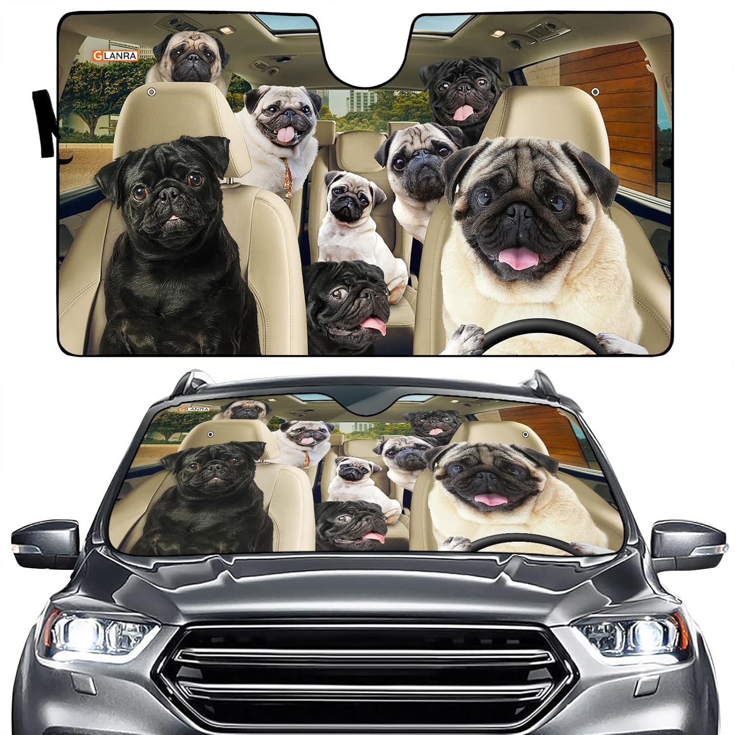Pug Dog Car Sun Shade Windshield Funny Dog Car Windshield