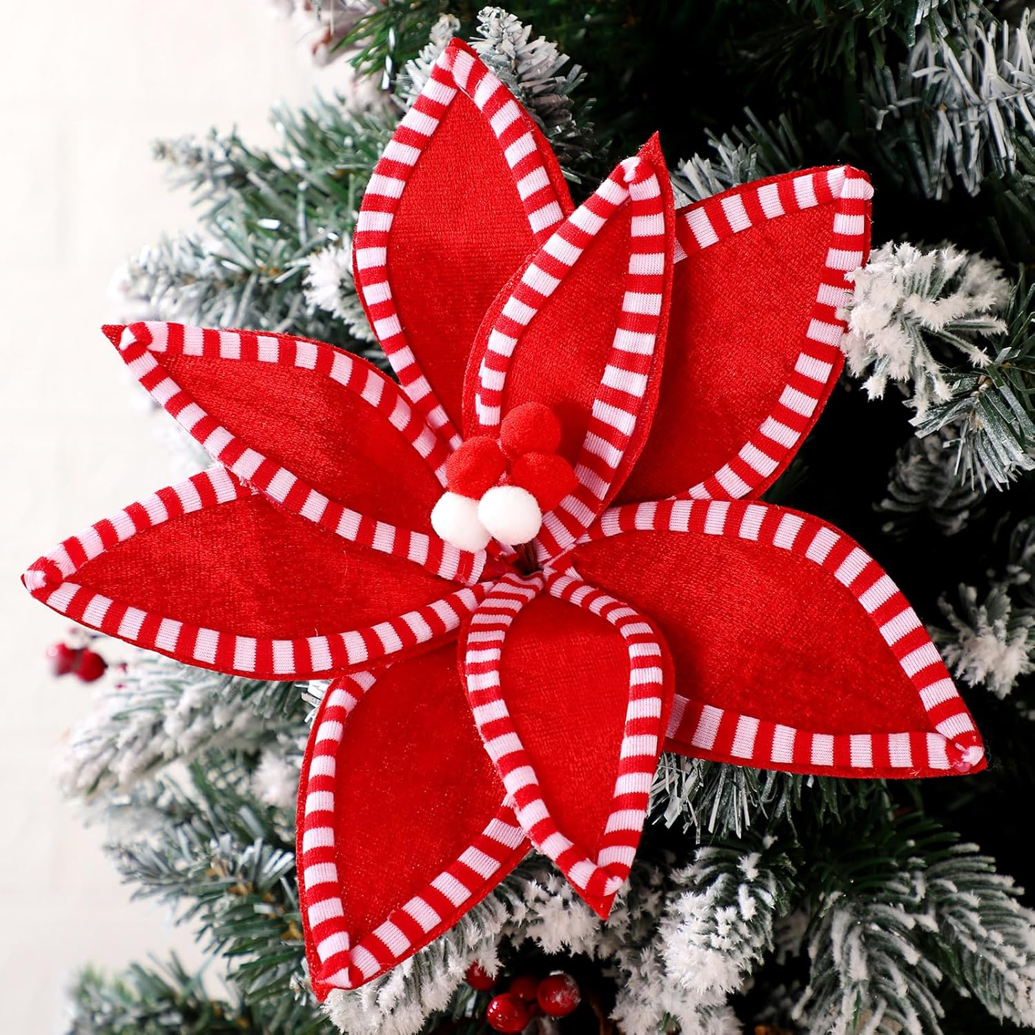 Canlierr 12 Pcs 13 x 10 Inch Red and White Christmas Poinsettia Flowers Decorations Large Candy Cane Christmas Tree Picks Ornaments Artificial Flowers for Xmas Tree Wreath Garland Party Vase Filler