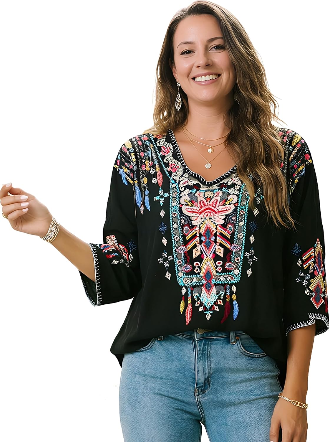 Higustar Mexican Embroidered Tops for Women Traditional Boho Tunics Bohemian Shirts Plus Size Peasant Clothes Blouses