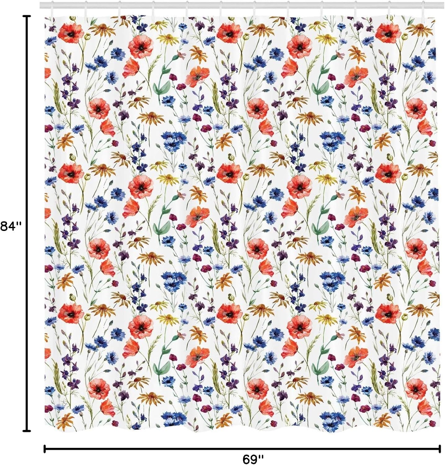 Ambesonne Flower Shower Curtain, Wildflowers Poppy and a Chamomile Cornflowers Daisies by The Countryside Spring Illustration, Cloth Fabric Bathroom Decor Set with Hooks, 69" W x 84" L, Orange Blue