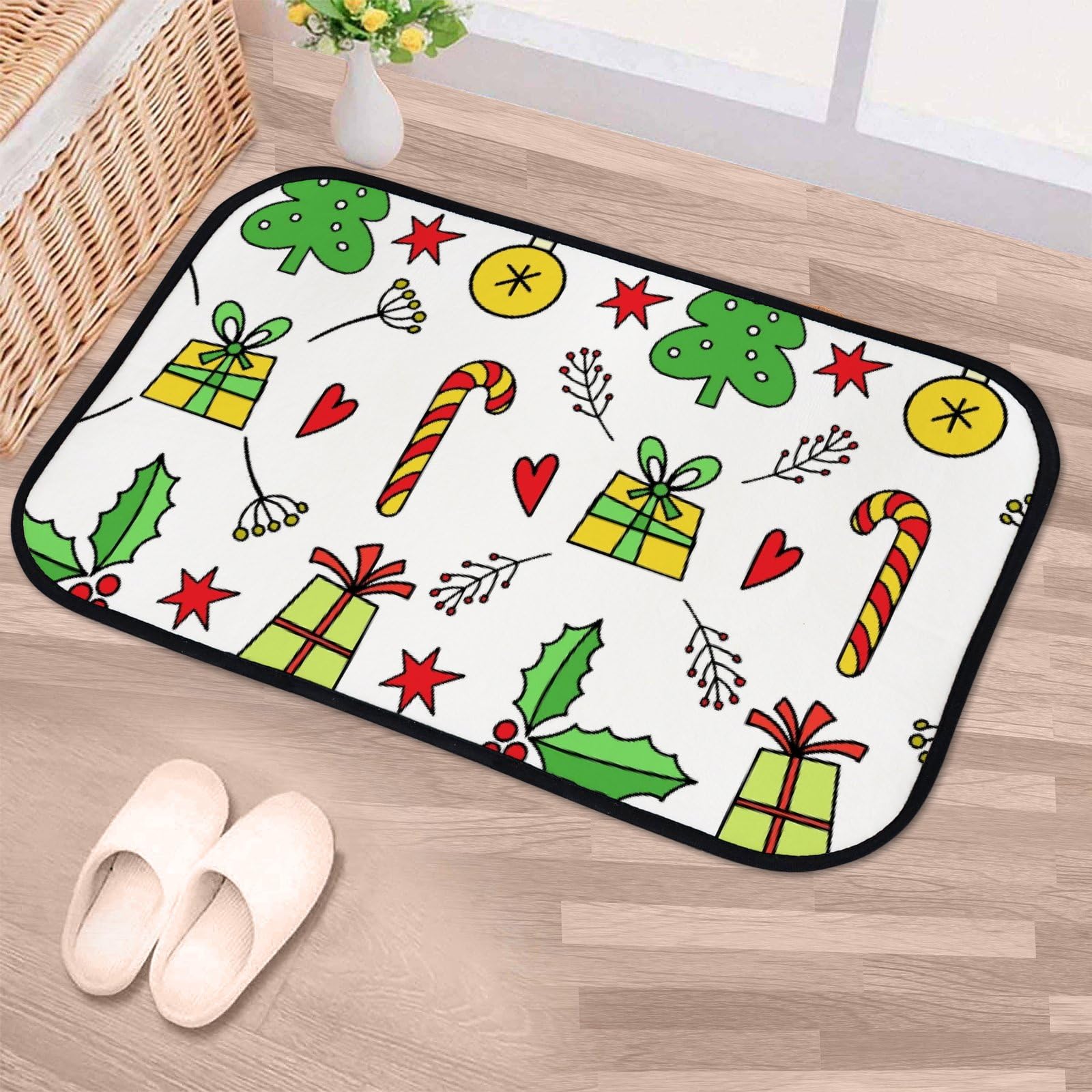 QAZPL Nuansexi Bathroom Rugs New Year Christmas Pattern Doodle Style Floor Mats Non Slip Bathmat Doormat Tub Mat Coral Velvet Absorbent Entrance Carpet Mats Machine Washable Bedroom Decor