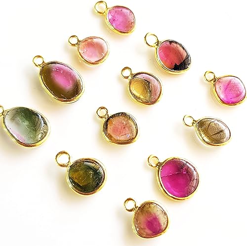 Miniatura 3 de Rare Gemstone Piedras preciosas de turmalina sandía, dijes auténticos de un solo bucle/colgantes pequeños, plata 925 chapada en oro de 14 quilates,