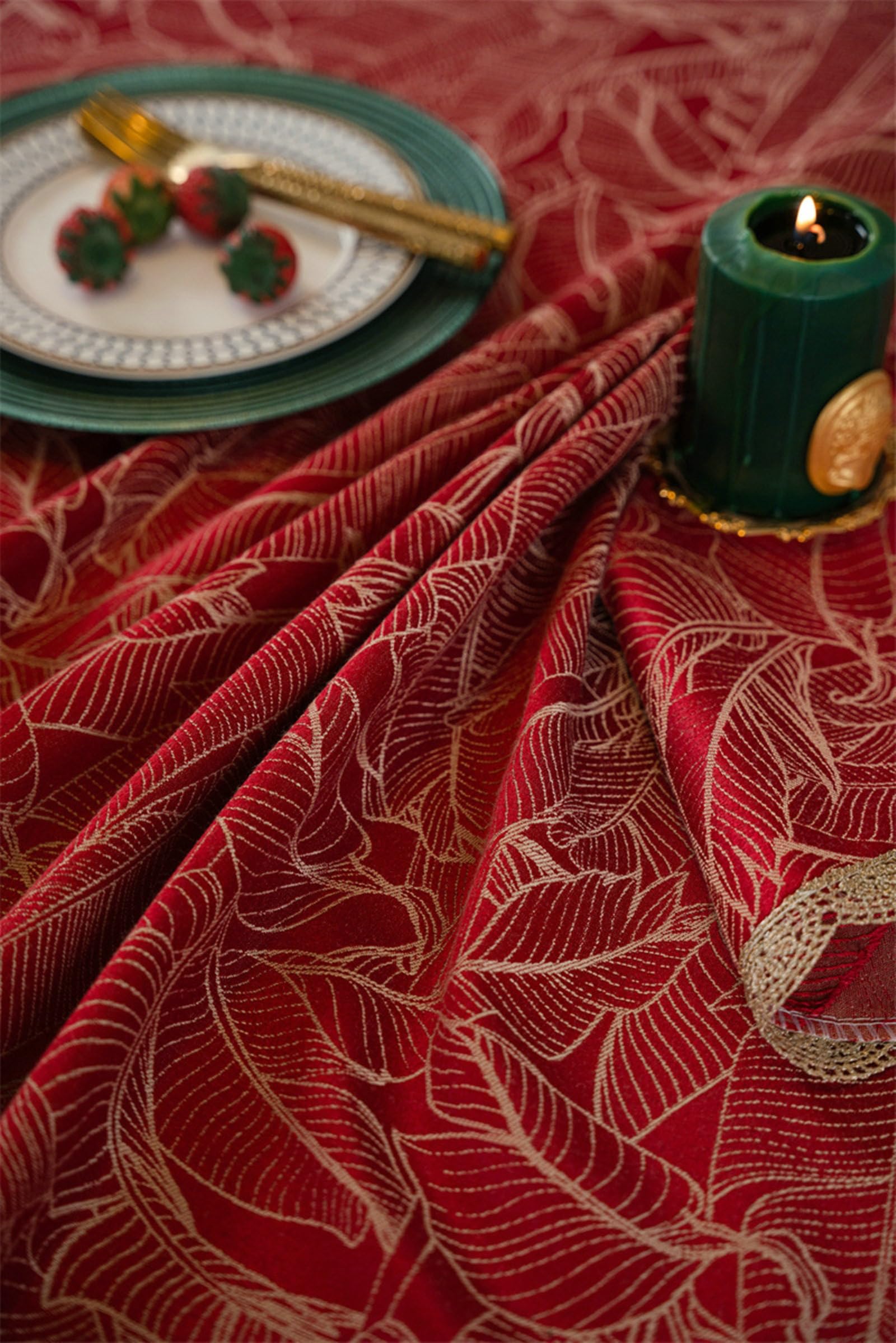 Mantel Antimanchas Mesa Redonda 160 cm, Rojo, Mantel Poliéster Hojas Jacquard con Borde de Encaje