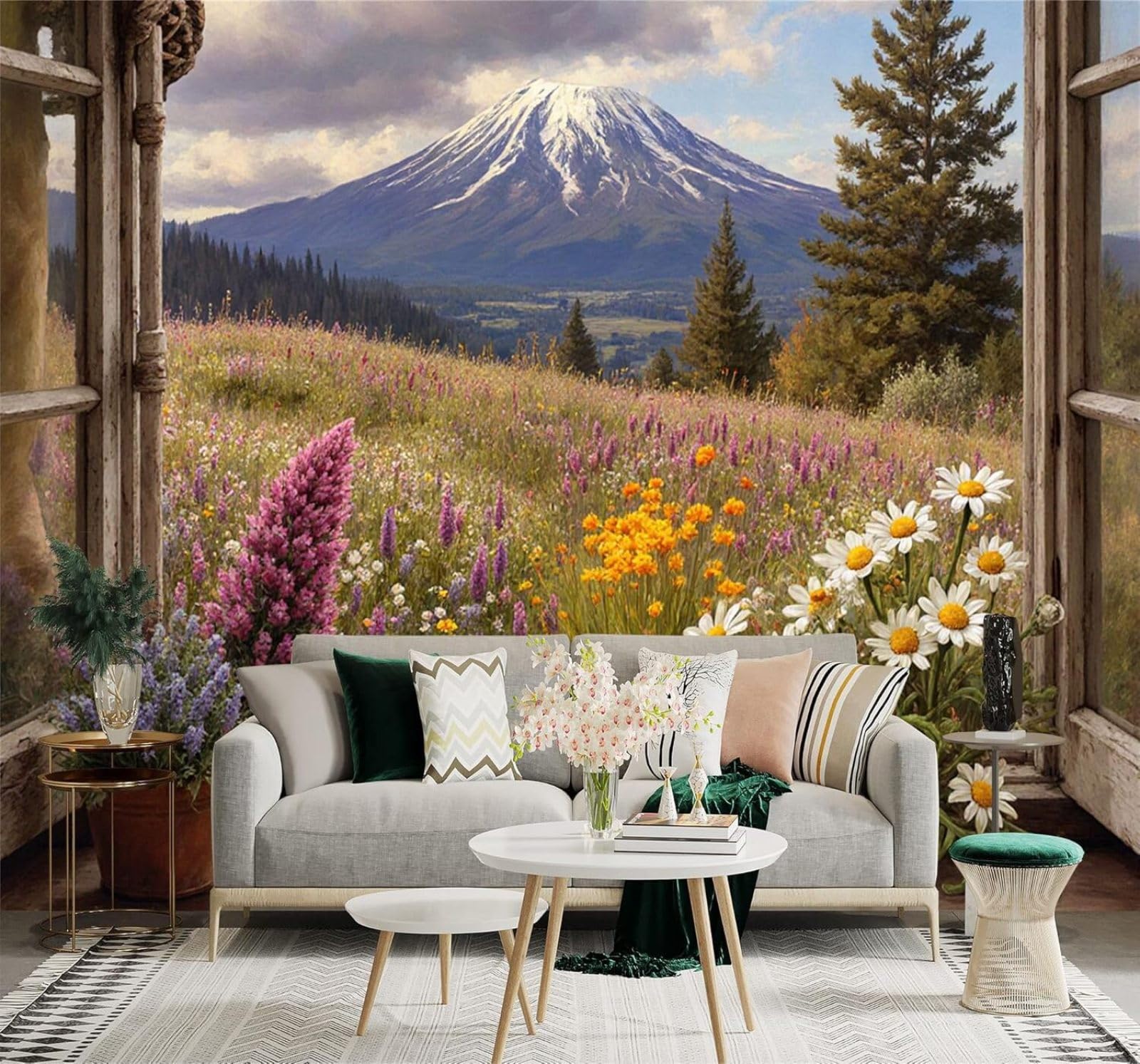 Tzxztt Windows Mountain Peaks Wildflowers Pine Trees Natural Scenery Modern 3D Wallpaper Premium Textured Silk Neutral Tones Material Ideal for Living Room Bedroom-300cm×210cm