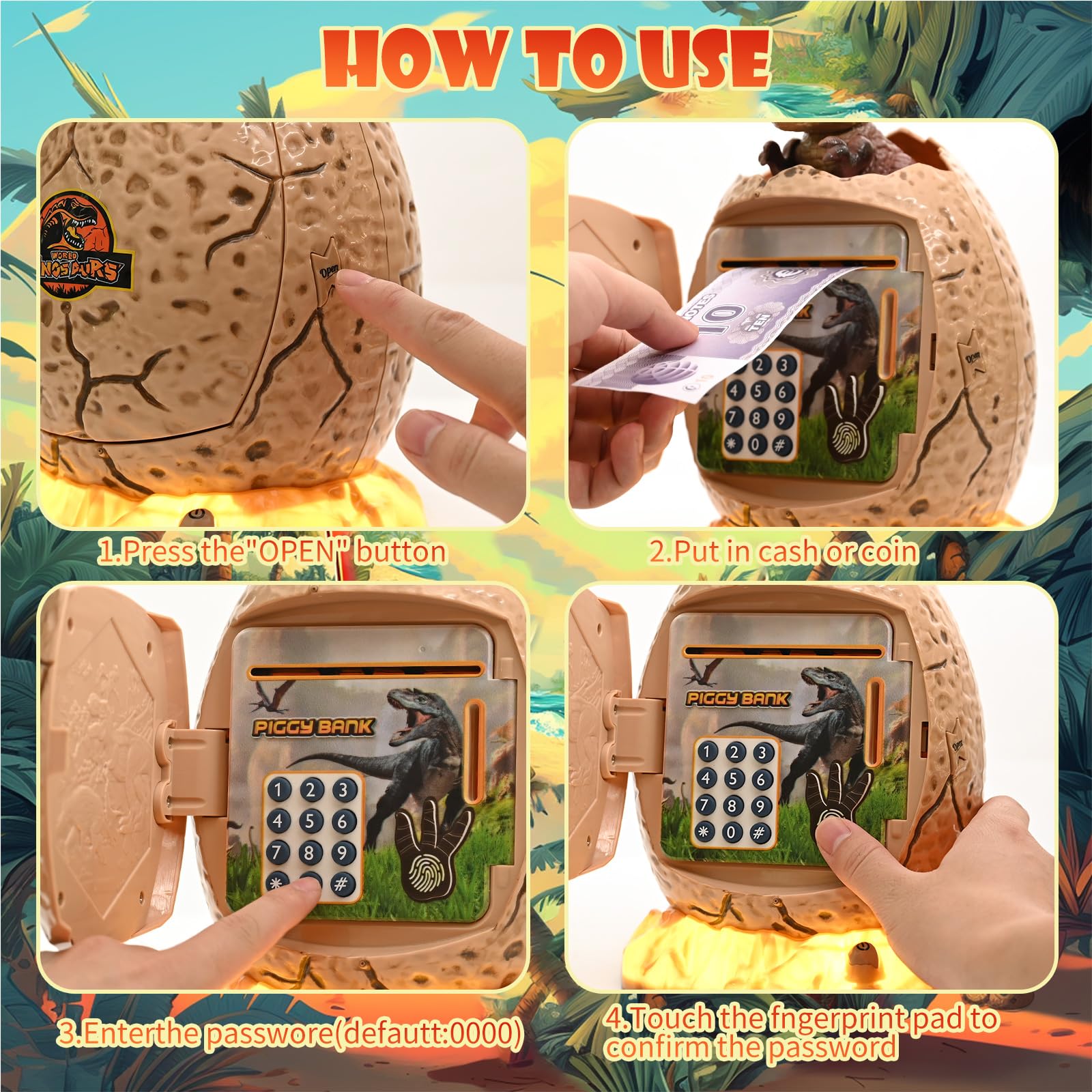 Salvadanaio Elettronico A Forma Di Dinosauro - Con Luce, Musica E Sblocco Impronta/Password, Per Bambini - Foto 9