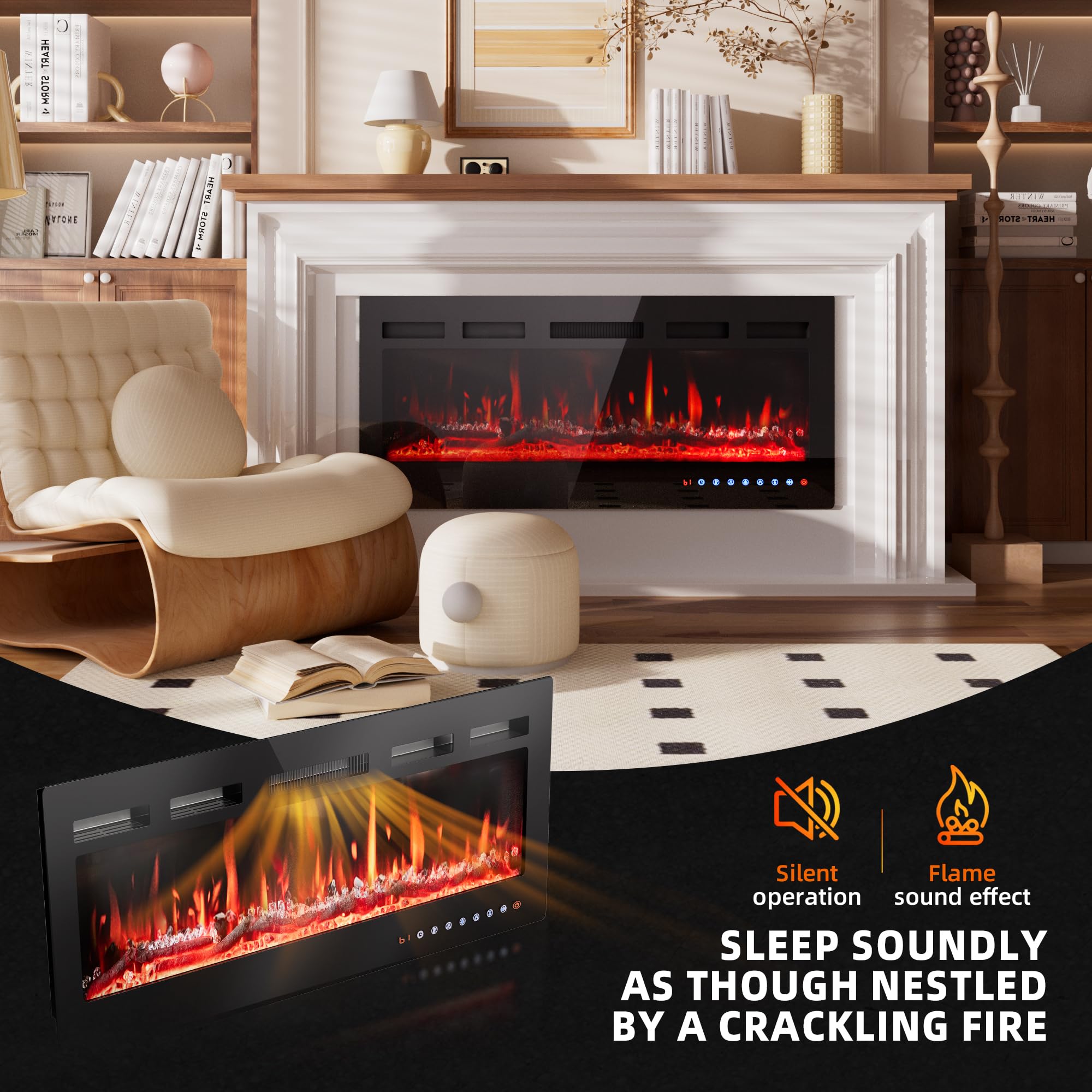 Camino Elettrico 92cm 900W/1800W Fiamma 12 Colori Scintillio Termostato Preciso 15-30°C Touchscreen Telecomando