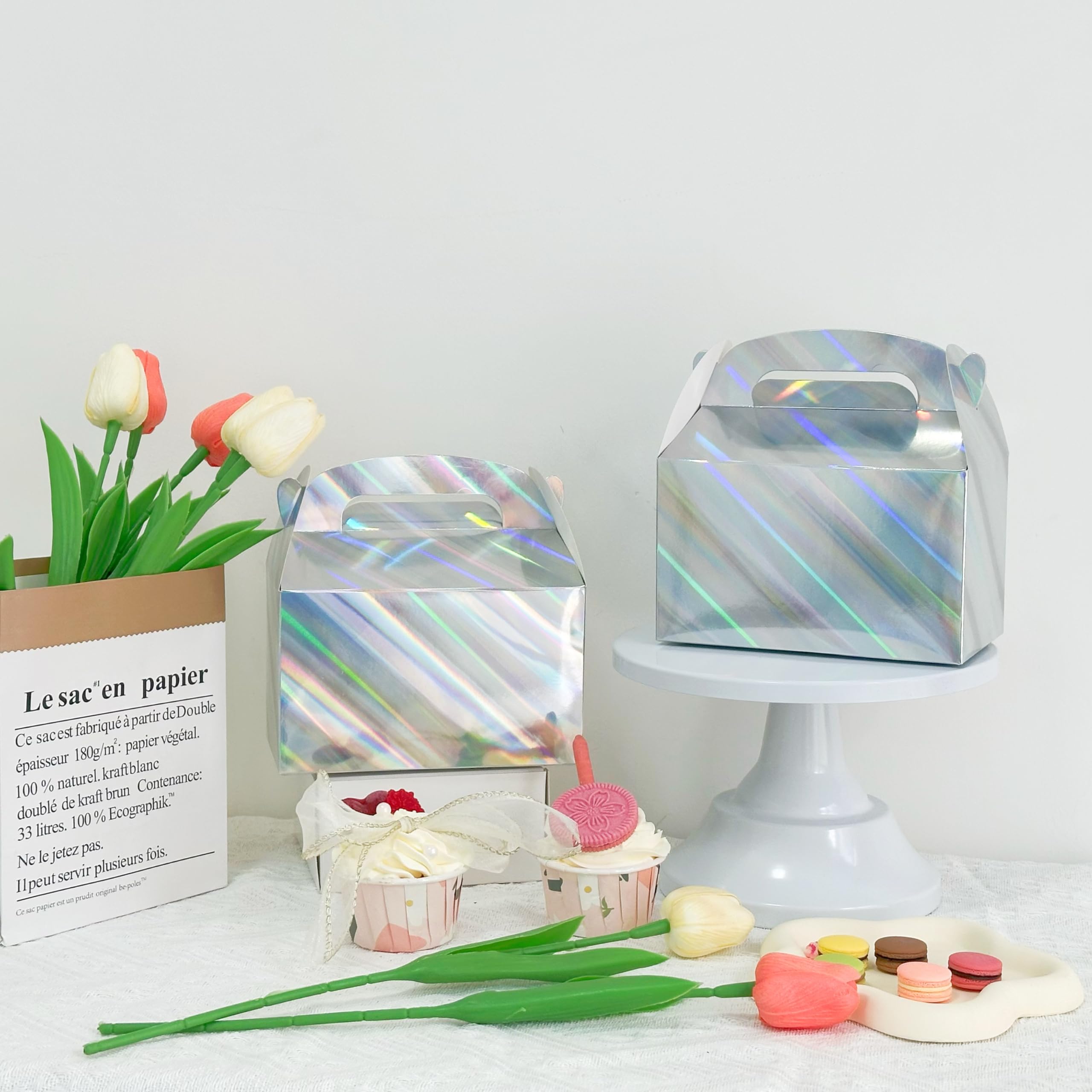 Namhcir 12Pack Gable Boxes, Party Treat Favor Box Candy Boxes with Handles Birthday Gift Boxes for Kids, Wedding, Anniversary, Christmas (Silver)