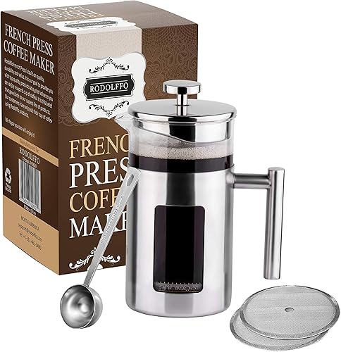 Cafetera de prensa francesa de 34 onzas con marco de acero inoxidable 18/8, jarra de vidrio de borosilicato resistente al calor de 1 litro, incluye