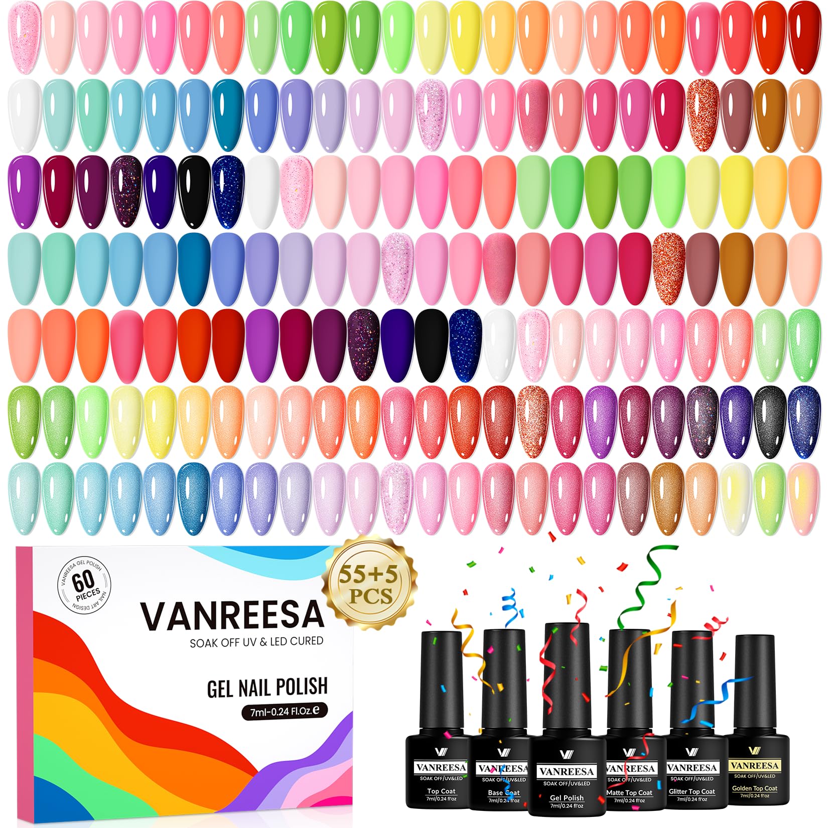 VANREESA 60Pcs U V Nagellack Set, 55 Farben Gel Nägel Set Rosa Grün Blau Violett Gelnägel Starterset mit Unterlack und Überlack Soak off U V Nagellack Geschenk für Frauen