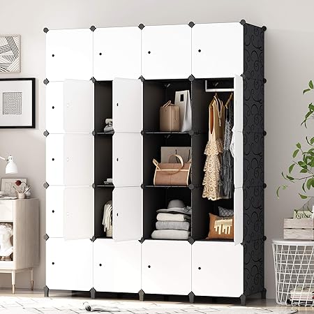 Premag Armoire Portable Diy Penderie Avec Portes Tige Suspendue Construction Solide Pour Vetements Chaussures Accessoires Noir Et Blanc Cubes Amazon Fr Cuisine Et Maison