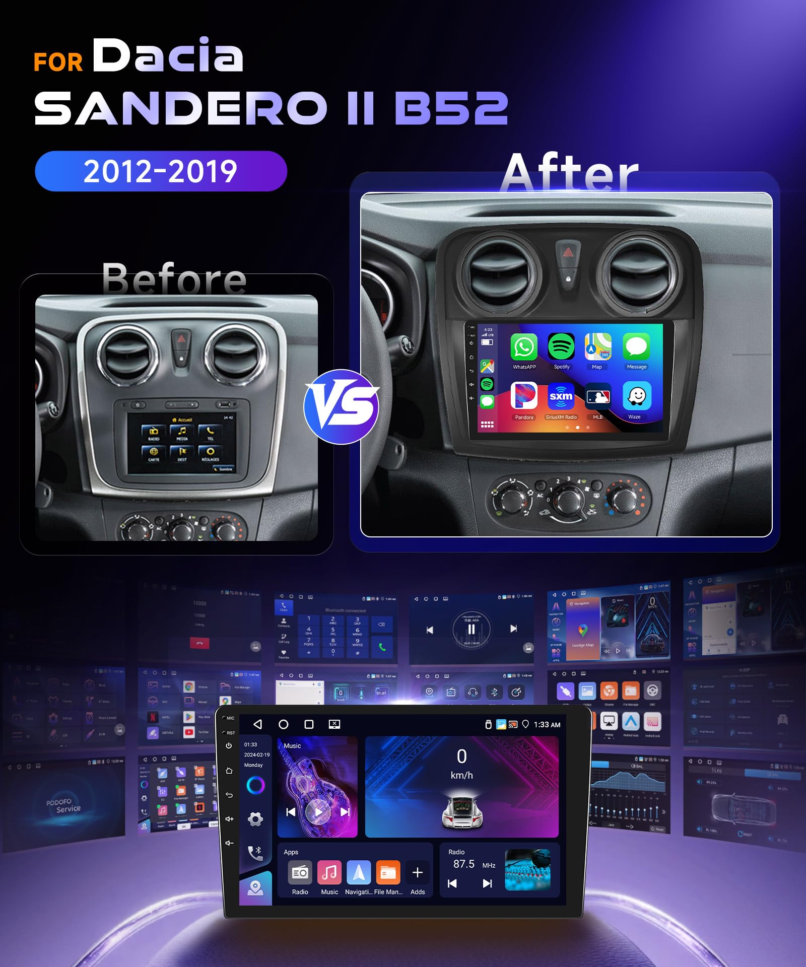 4G/64G VECHTEL 9" Autoradio Bluetooth pour Renault Dacia SANDERO II B52 2012-2019, Carplay, Android Auto, sans Fil, DSP, EQ,1280 x 720, WiFi, GPS, Mirrorlink, RDS/FM, 2 DIN avec caméra de recul AHD