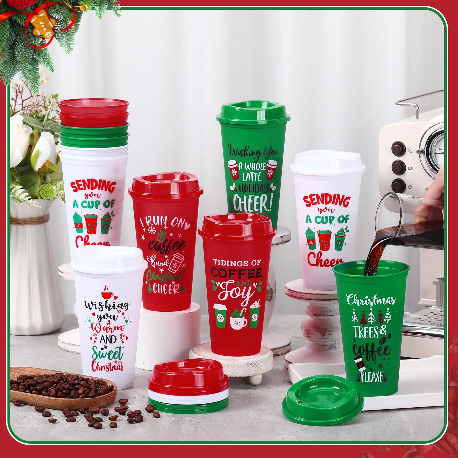 Amazon.com | Pickmesh 12 Pack Christmas Coffee Cups Gifts Bulk 16 oz  Reusable Coffee Cup Tumblers with Lid Plastic Cups Travel Mug Thank You  Gifts for Women Coworkers Holiday Drinks: Tumblers &