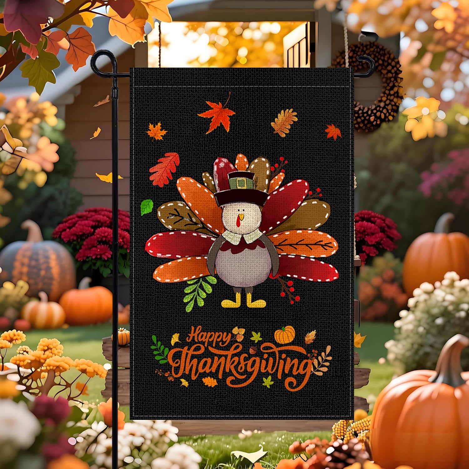 Fall Thanksgiving Turkey Garden Flag 12x18 Inch, Double Sided Bless Harvest Holiday Burlap Yard Flag for Outdoor Decoration - Image 7