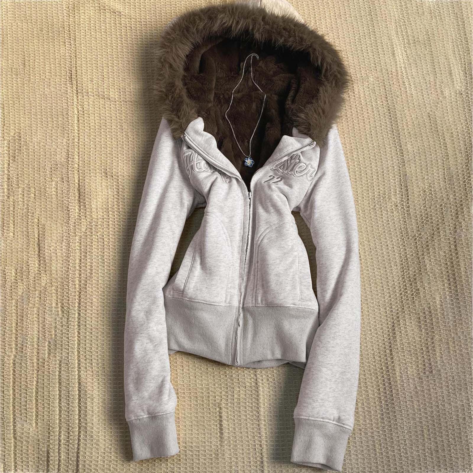 Y2K Hoodie Damen Zip Up Winterjacke mit Fellkapuze Vintage Grunge Winterjacke Streetwear Strickjacken Kapuzenpullover mit Reißverschluss übergangsjacke Fleecejacke Cardigan