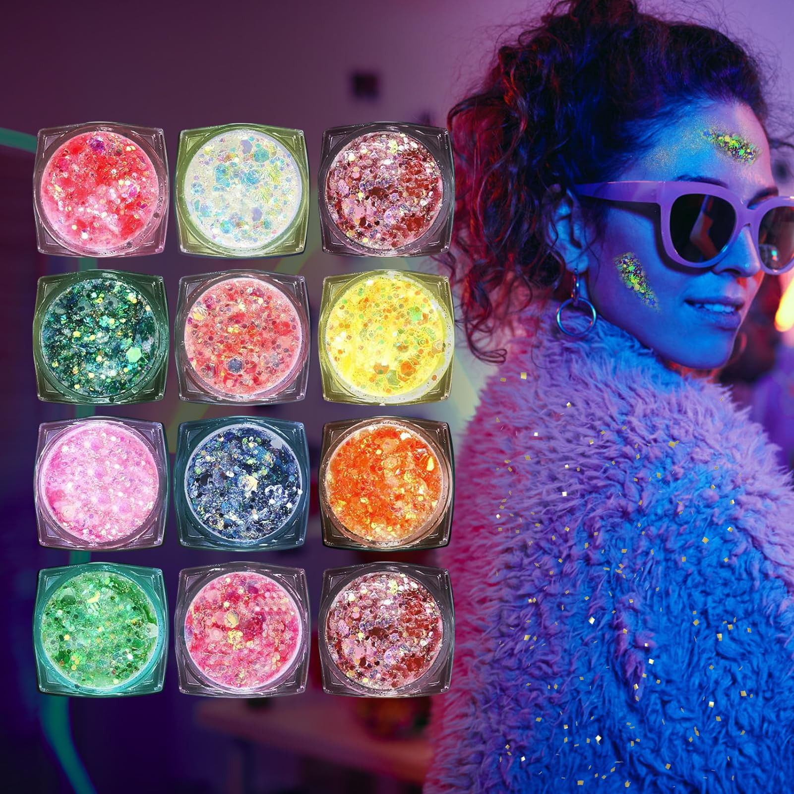 Gel de Purpurina Luminoso para Carnaval y Festivales: Maquillaje con Brillo Intenso de 12 Colores, Gel Corporal Chunky Glitter, Ideal para Cara y Cuerpo, Destaca en Cualquier Fiesta