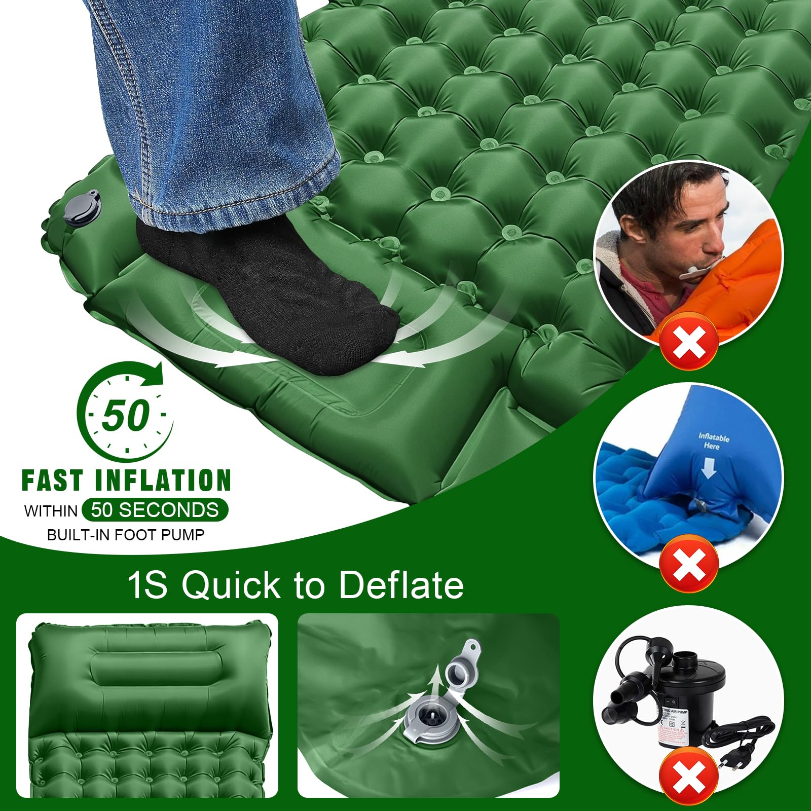 Colchón Autoinflable para Camping Impermeable con Bomba de Pie y Almohada Ultraligera Portátil
