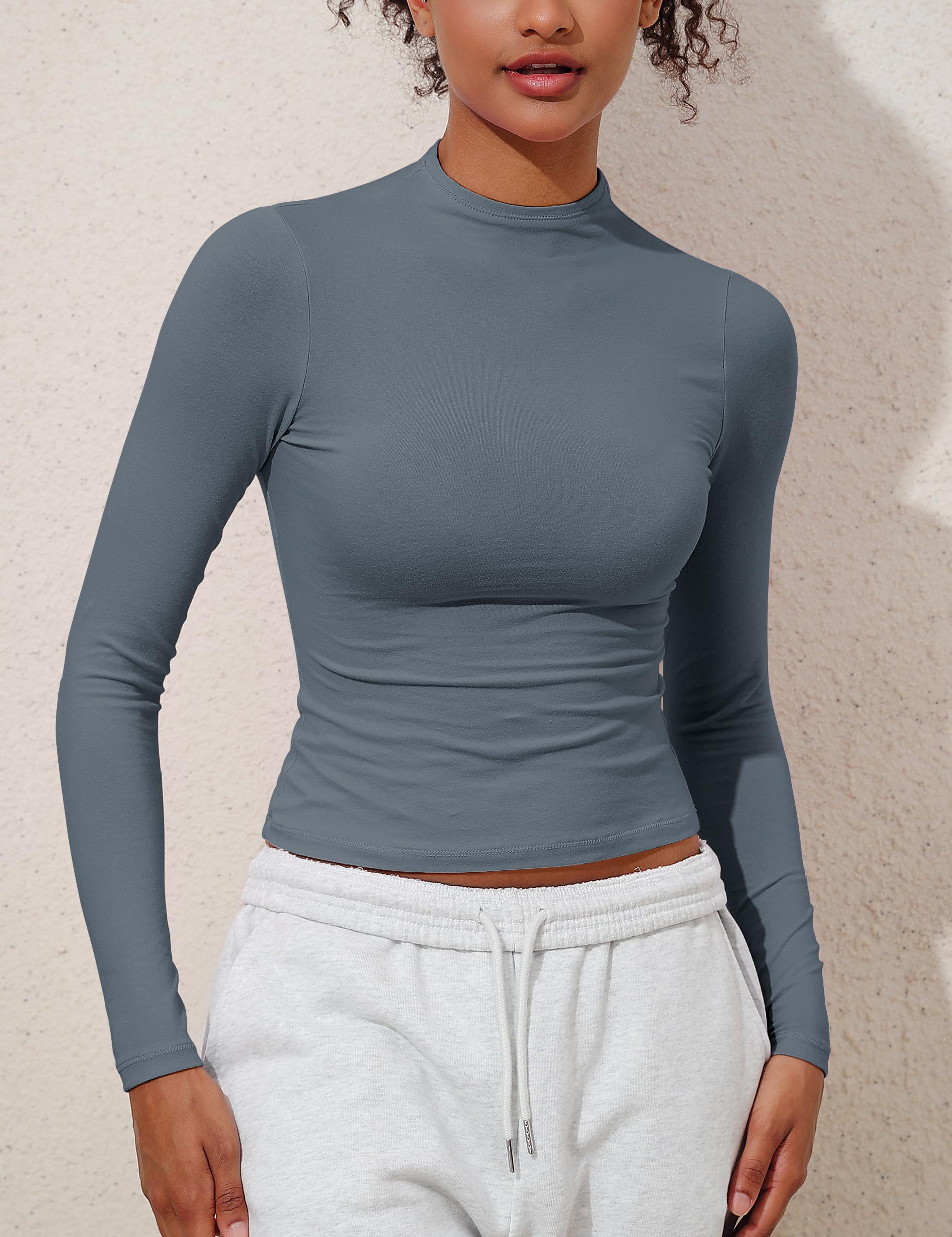 Hilor Camisetas de manga larga para mujer, básicas, de algodón, cuello alto, ajustadas, para salir, camisetas cortas Y2K