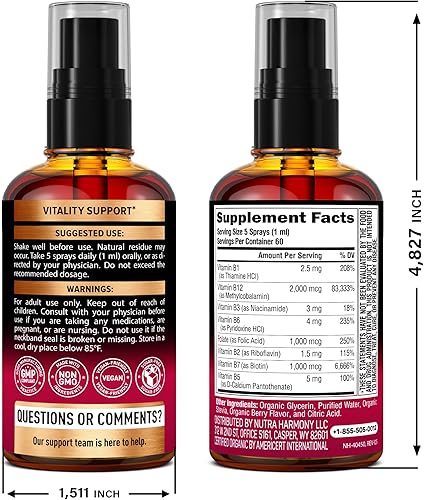 Miniatura 12 de Complejo de Vitamina B en gotas (USDA Organic) - Ácido pantoténico B5, metilcobalamina B12, tiamina B1, piridoxina B6, biotina B7, ácido fólico B9