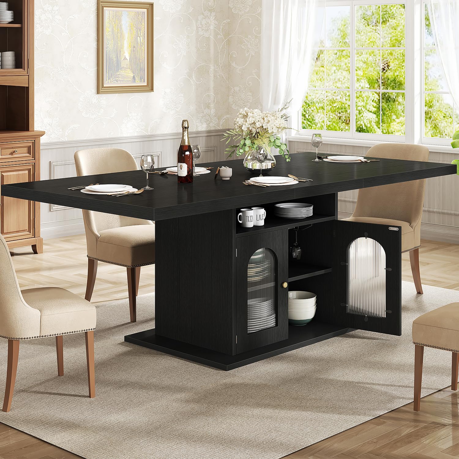 HSH Black Dining Table for 4 to 6, Modern Kitchen Dining Room Table with 3-Tier Storage Shelf and Acrylic Door Cabinet, Rectangular Wooden Dinner Tables for Home Kitchen Living Room, Black Oak?63 in