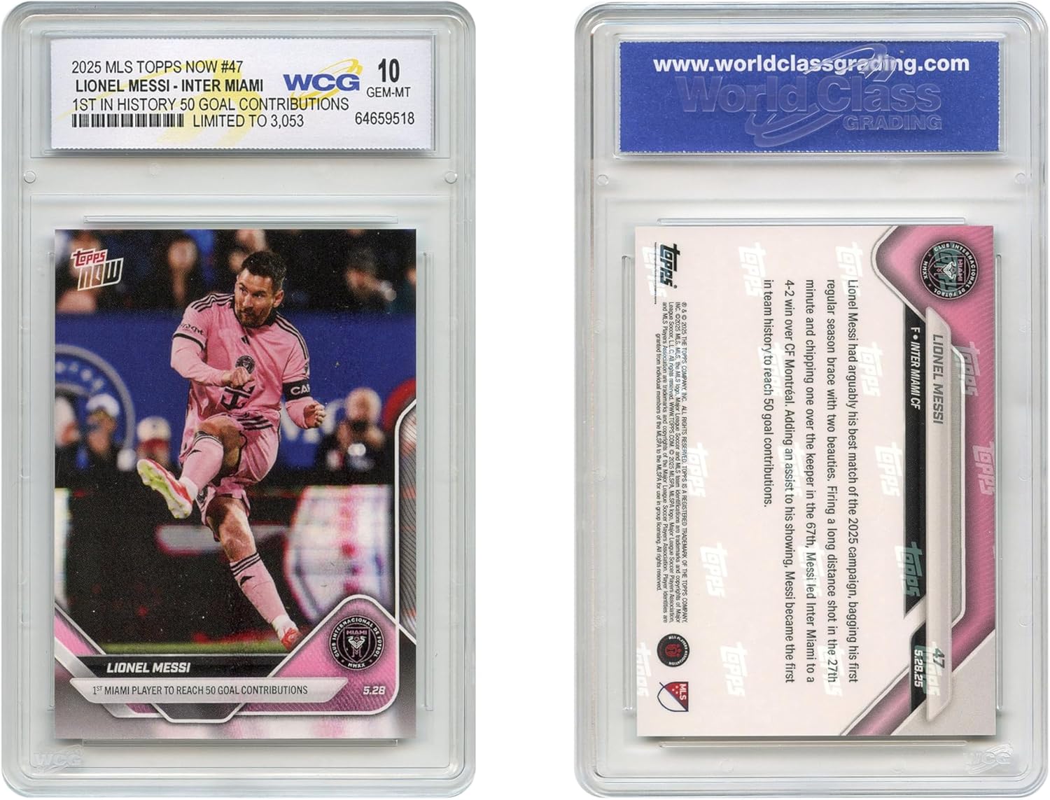 2025 MLS Topps Lionel Messi Inter Miami 1st Ever in History 50 Goal Contributions Card #47 - Graded GEM-Mint 10