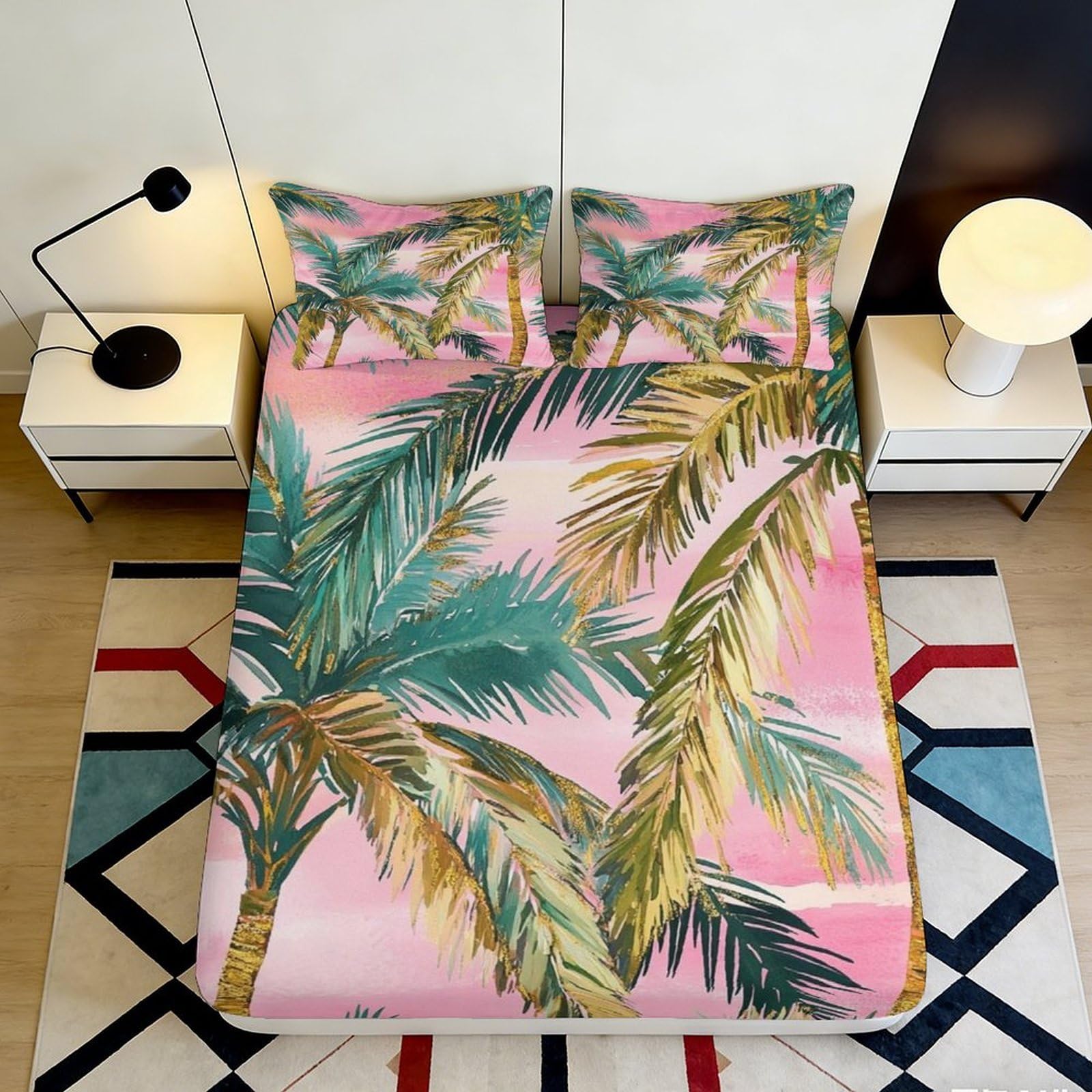 3D Printed Tropical Palm Fitted Sheet Microfiber Pink Sunset Mattress Cover Non-Slip for Bedroom Guest Room 90x200x25cm