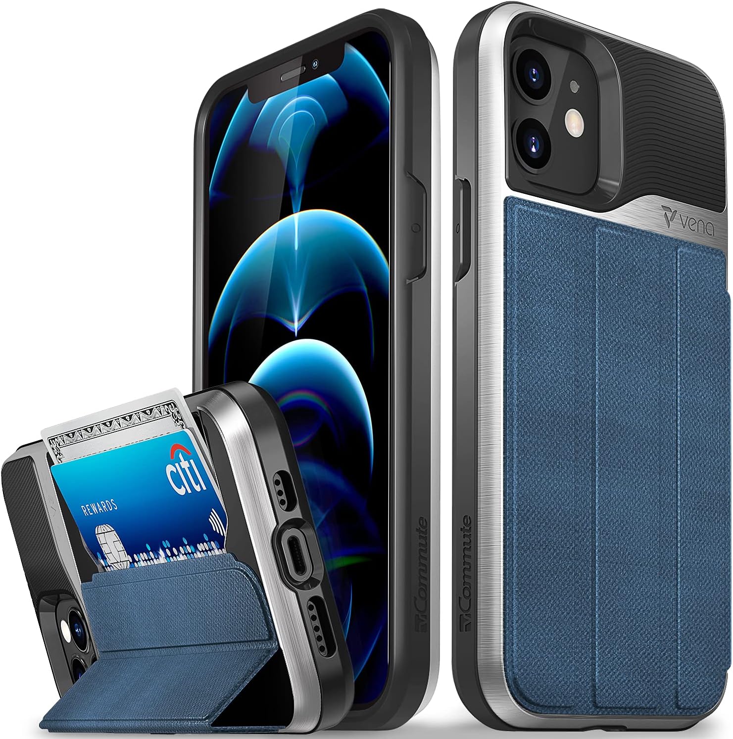 VENA vCommute Wallet Case Compatible with Apple iPhone 12 / iPhone 12 Pro (6.1"-inch), (Military Grade Drop Protection) Flip Leather Cover Card Slot Holder with Kickstand - Denim Blue