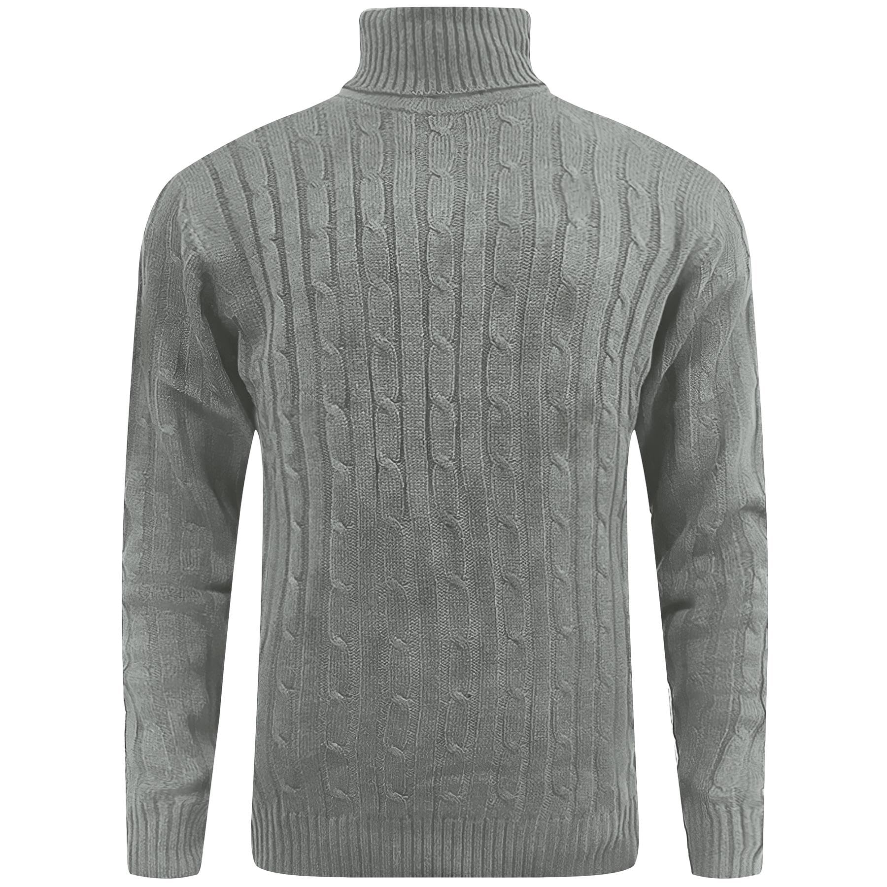 FashionEgo Mens Cable Knit Turtle Neck Jumper Polo Roll Neck Sweater Pullover Ribbed Knitwear Fisherman Menswear Pullover, Grey - FE, XXL