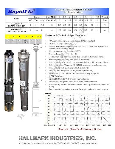 Miniatura 4 de Bomba sumergible Hallmark Industries AMA0414X-7A Deep Well, de 1 Hp, 230 V, 60 Hz, 33 GPM, cabezal de 207 pulgadas, acero inoxidable, 4 pulgadas