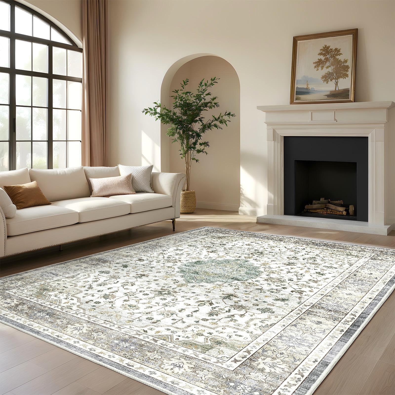 HOMFINE Vintage Dywan zmywalny antypoślizgowy beżowy zielony 200 x 300 cm
