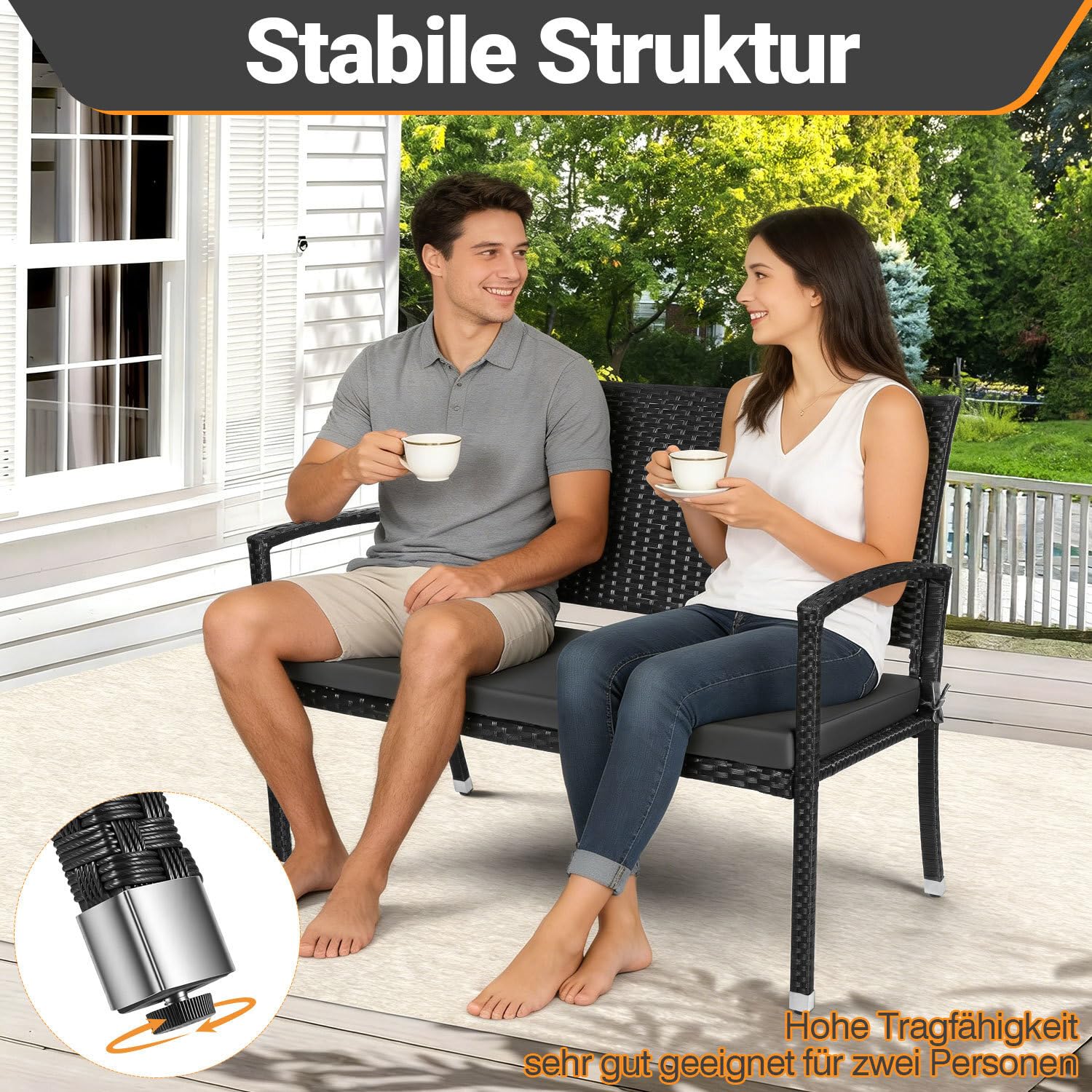 Banc de jardin résistant aux intempéries avec coussin, banc de balcon en polyrotin 2 places, 112 x 58 x 90 cm, banc d'extérieur charge jusqu'à 227 kg, banc avec dossier et accoudoirs, noir
