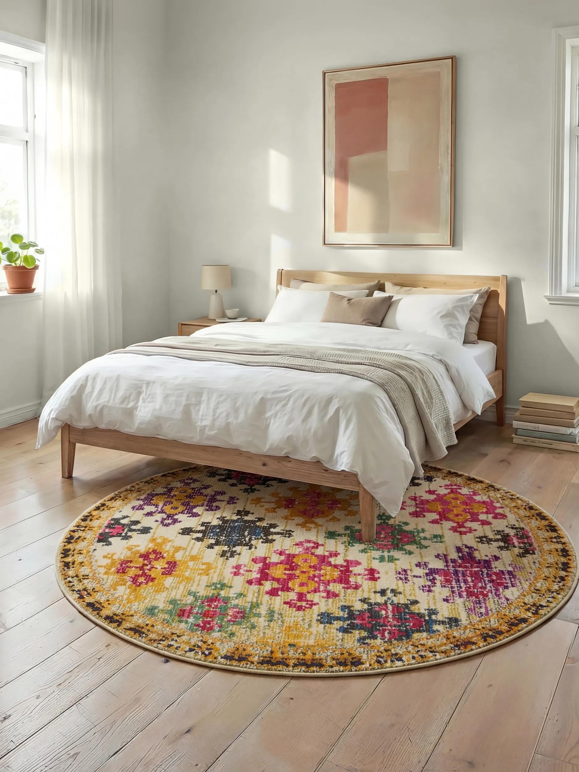 benuta Tapis Vintage CASA - Multicolore - Beige - 120 cm - Rond - pour Salon, Chambre à Coucher et Couloir - Facile d'entretien - Compatible avec Chauffage au Sol