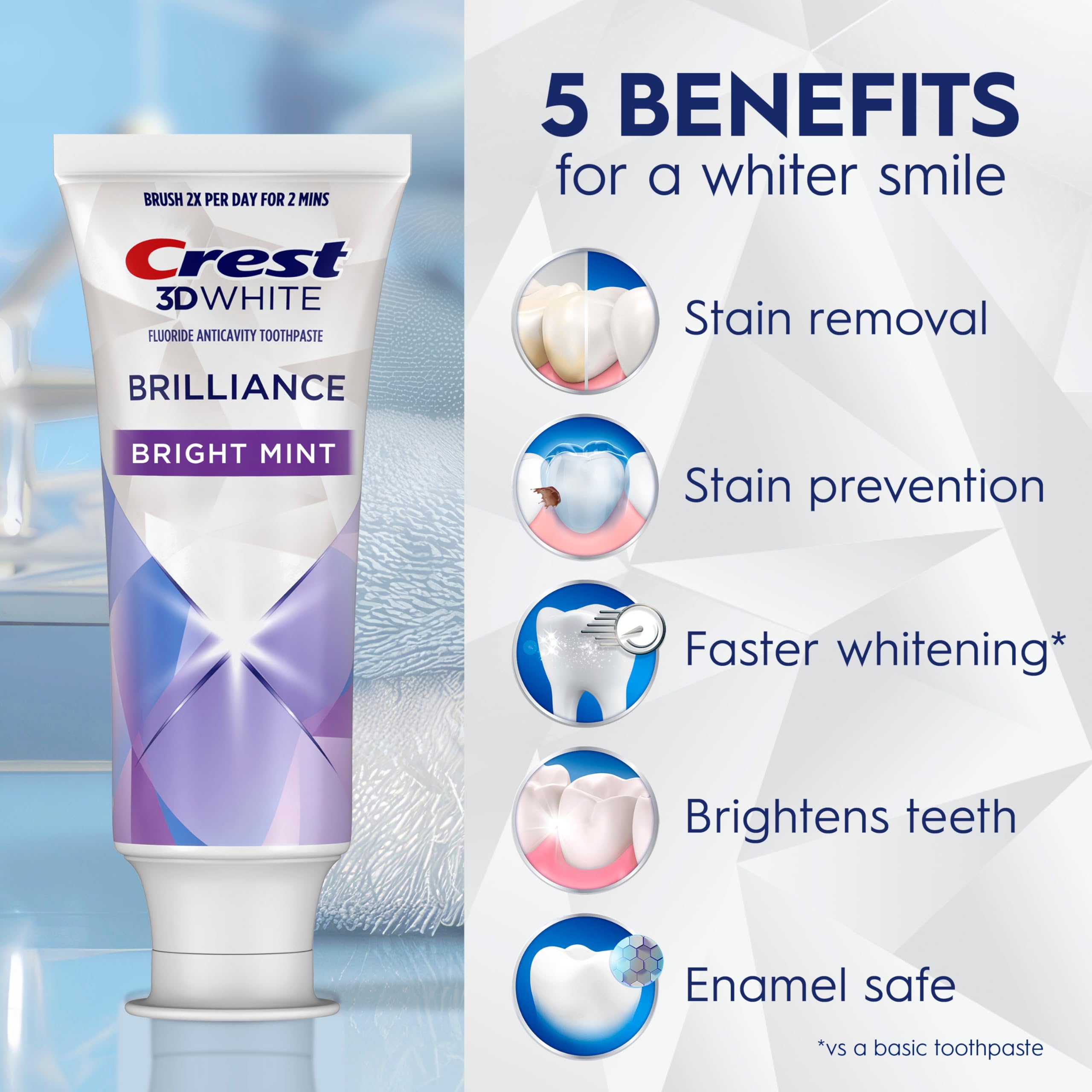Crest 3D White Brilliance Bright Mint Lot de 3 dentifrices blanchissants 121,9 g 100 % plus d'élimination des taches de surface, prévention active des taches 24 heures, dents plus blanches en 3 jours