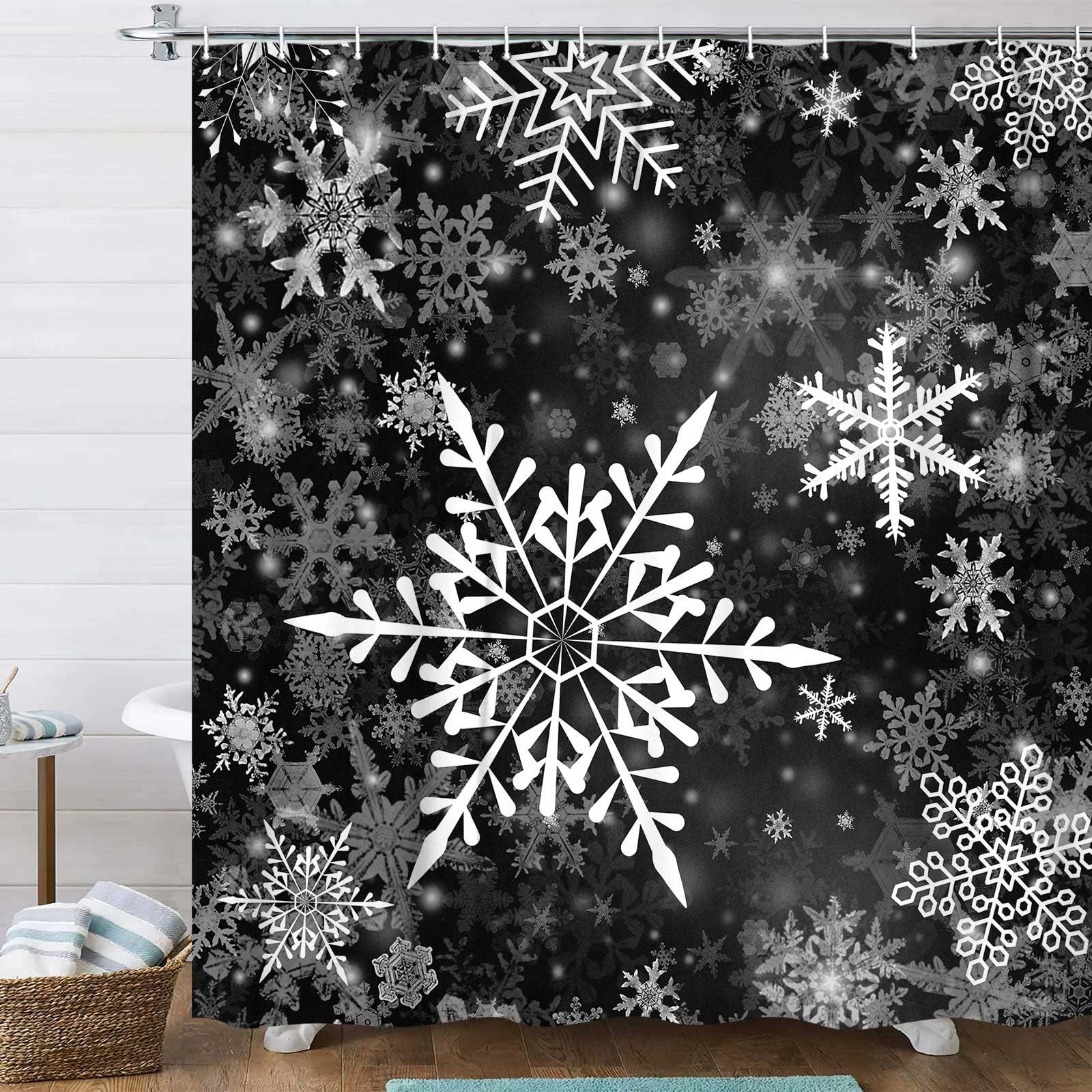 DYNH Christmas Snowflake Shower Curtain Set for Bathroom, Winter Black Decorative Curtains, 72X84IN