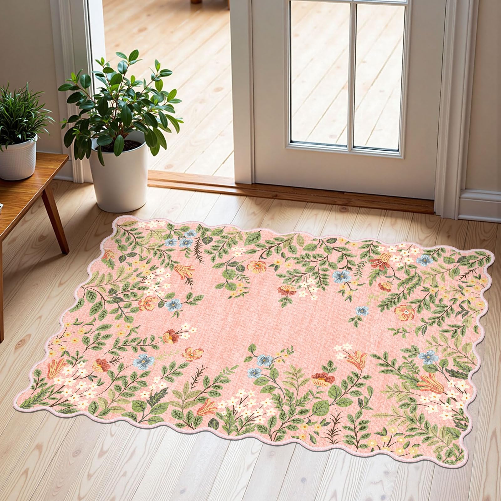 Othilic Front Door Mat Indoor Outside Entrance - 2x3 Ft Pink Floral Rug