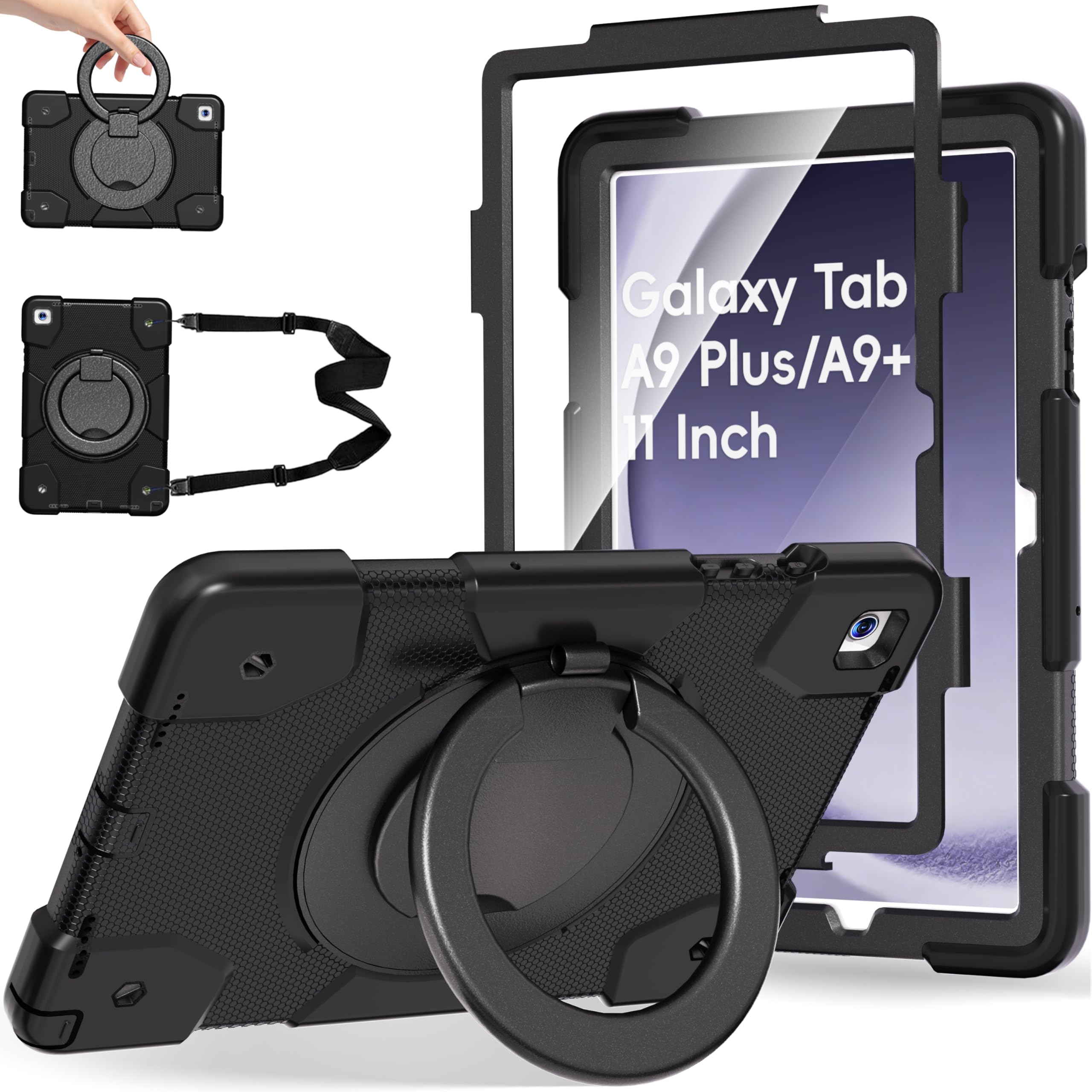 Andnary Case for Samsung Galaxy Tab A9+/A9 Plus Case 11 Inch with Screen Protector/360° Rotating Stand/Pen Holder/Shoulder Strap, Shockproof Cover for
