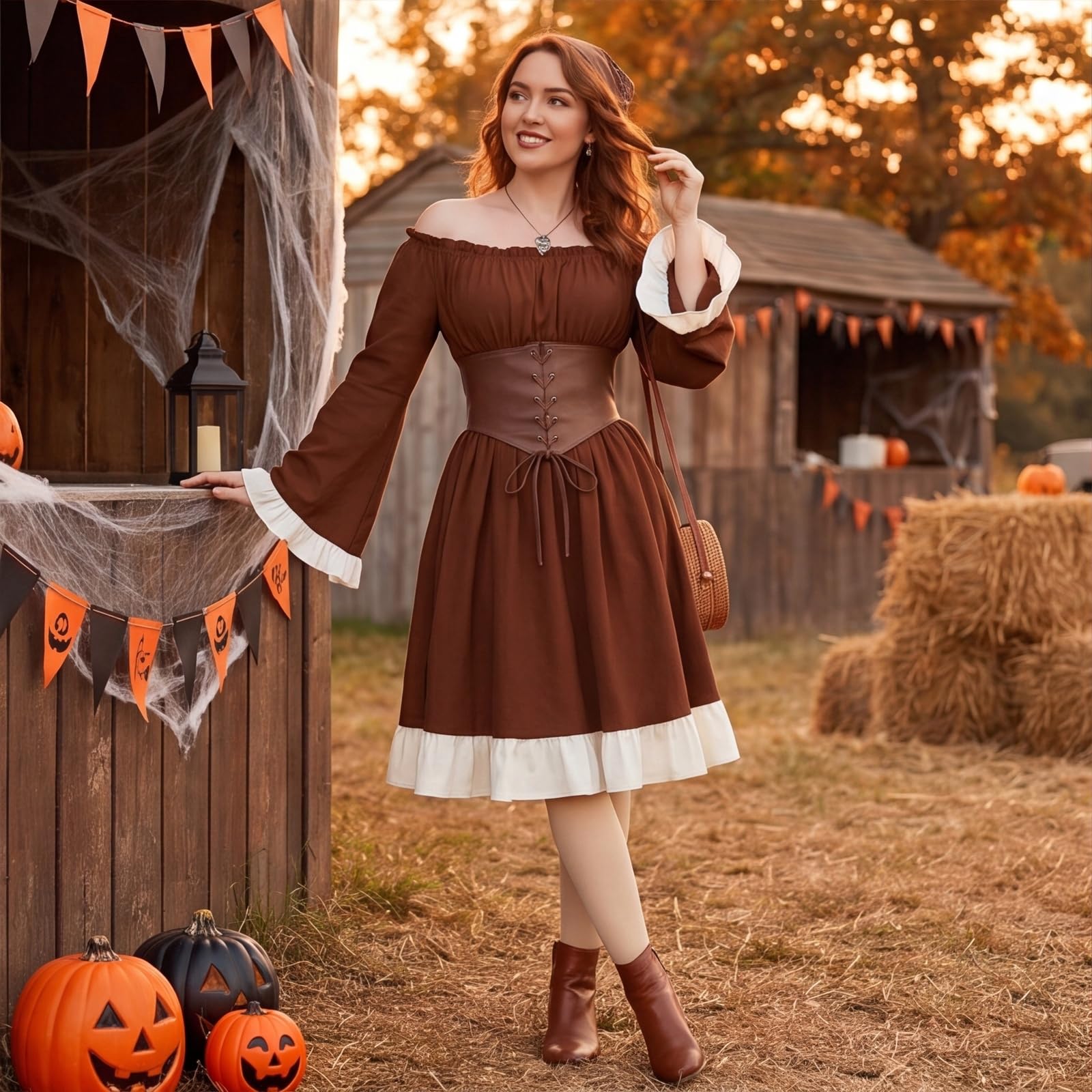 Générique Robe Gothique Femme Épaules Nues Manches à Volants Taille Lacée Jupe Asymétrique, Tissu Fluide Léger pour Soirées Déguisées Halloween Carnaval