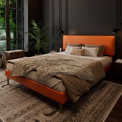 Miniatura 7 de Marco de cama tamaño Queen con plataforma tapizada, cabecero ajustable de cuero PU, no necesita somier, soporte de listones de madera, fácil