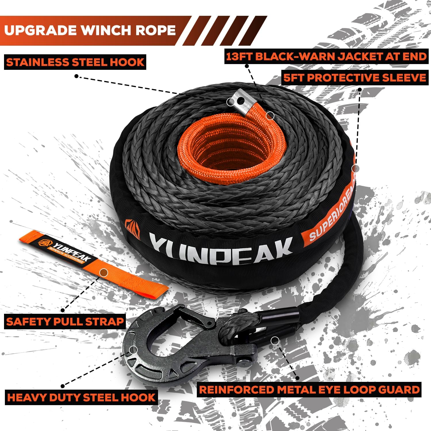 Synthetic Winch Rope Kit, 1/4" x50 ft 10000LBS Winch Cable Replace Kit, with Protective Sleeve, Heavy Duty Hook, Rubber Stopper, Safety Pull Strap for Off-Road 4x4 Vehicles ATV UTV(Black)
