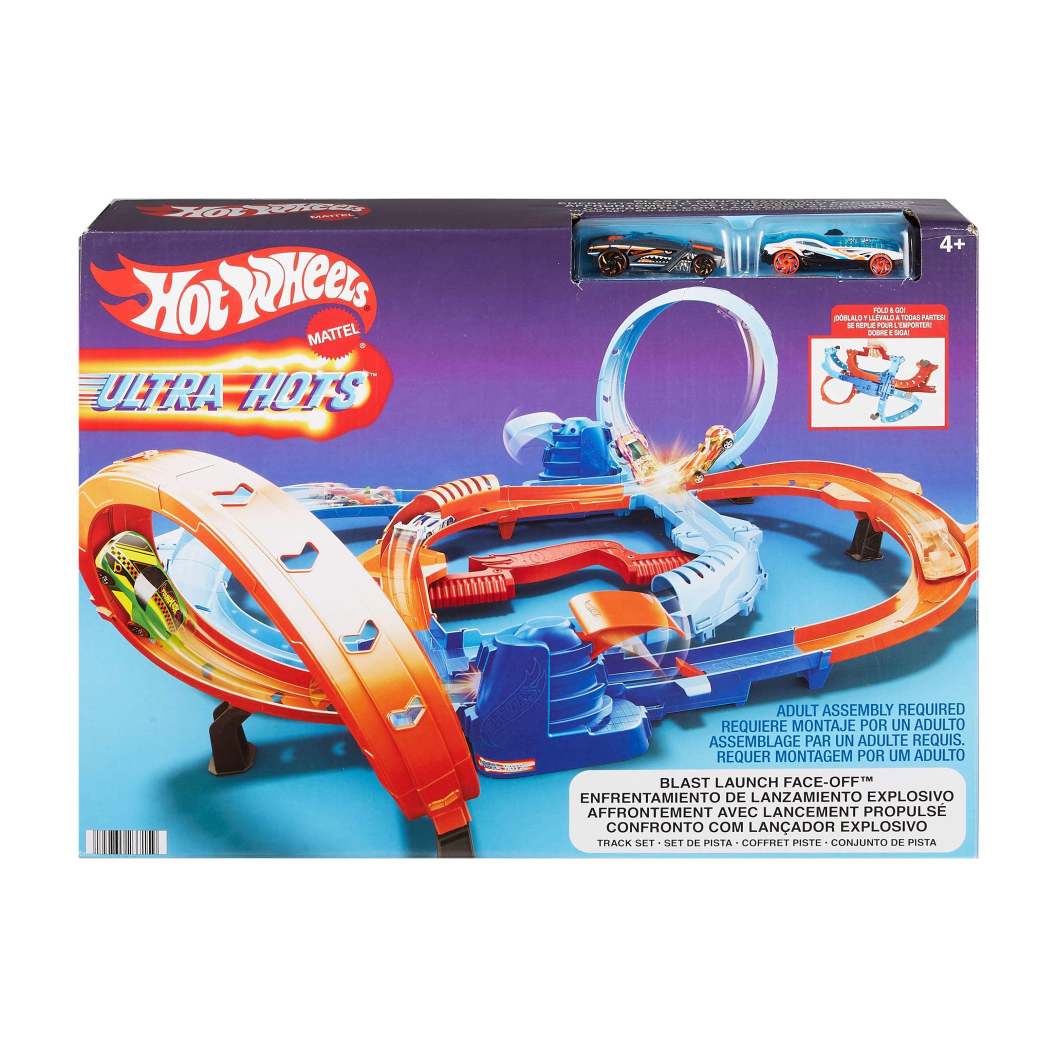 Hot Wheels Ultra Hots, Conjunto de pista de carreras de juguete con 2 vehículos a escala 1:64, con acrobacias y enfrentamientos entre vehículos y 2 lanzadores activados por los más pequeños, HXR71