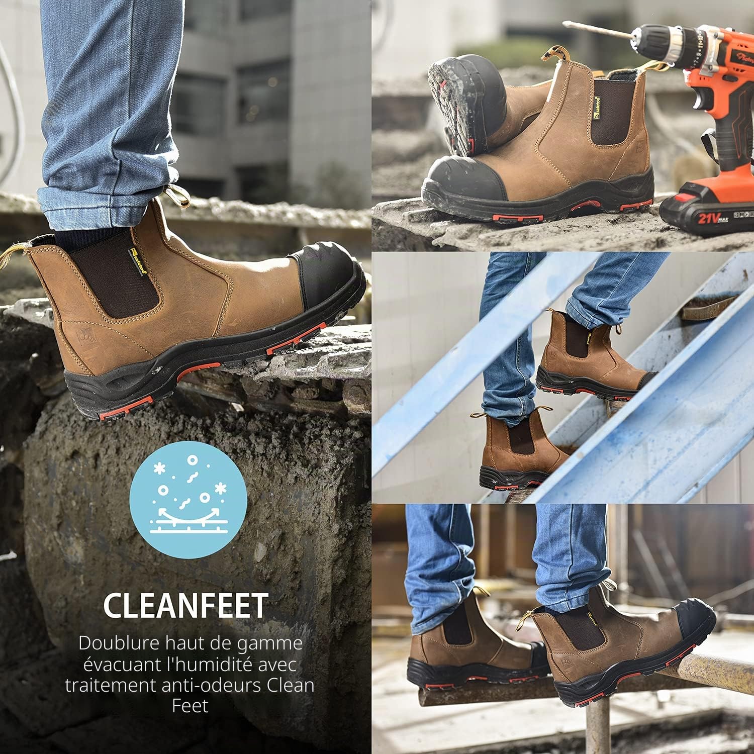 SAFEYEAR Bottes de travail S3 M-8025NB pour homme et femme, en cuir imperméable et respirant, semelles intérieures légères et confortables, coutures composites SB et plaque anti-pénétration