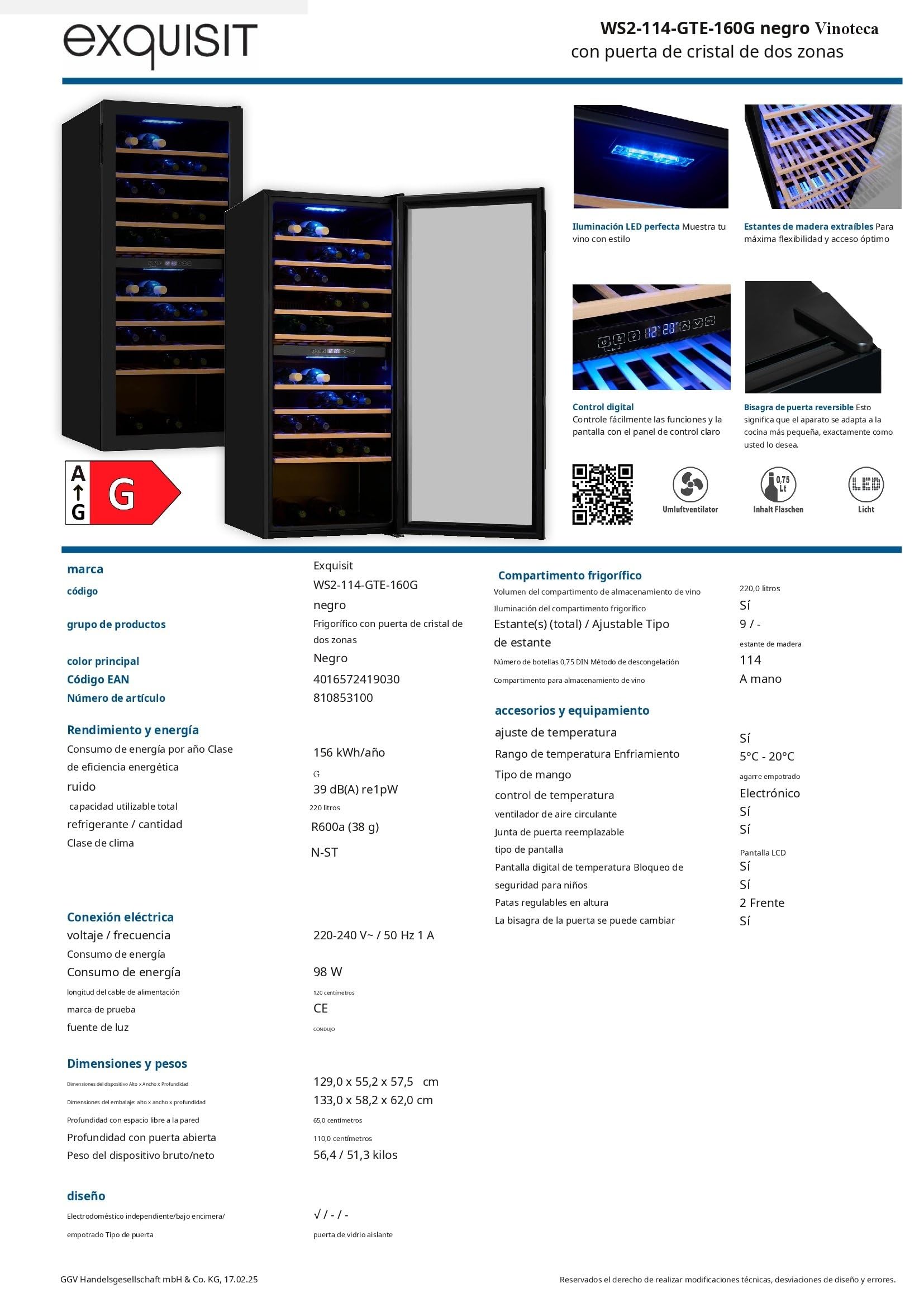 Exquisit® Vinoteca para 114 Botellas, 220L, Negro, Clase G, Dos Zonas de Temperatura 5-20°C, Control Digital LCD, Puerta de Cristal Reversible, Medidas (129,0 x 55,2 x 57,5 cm)