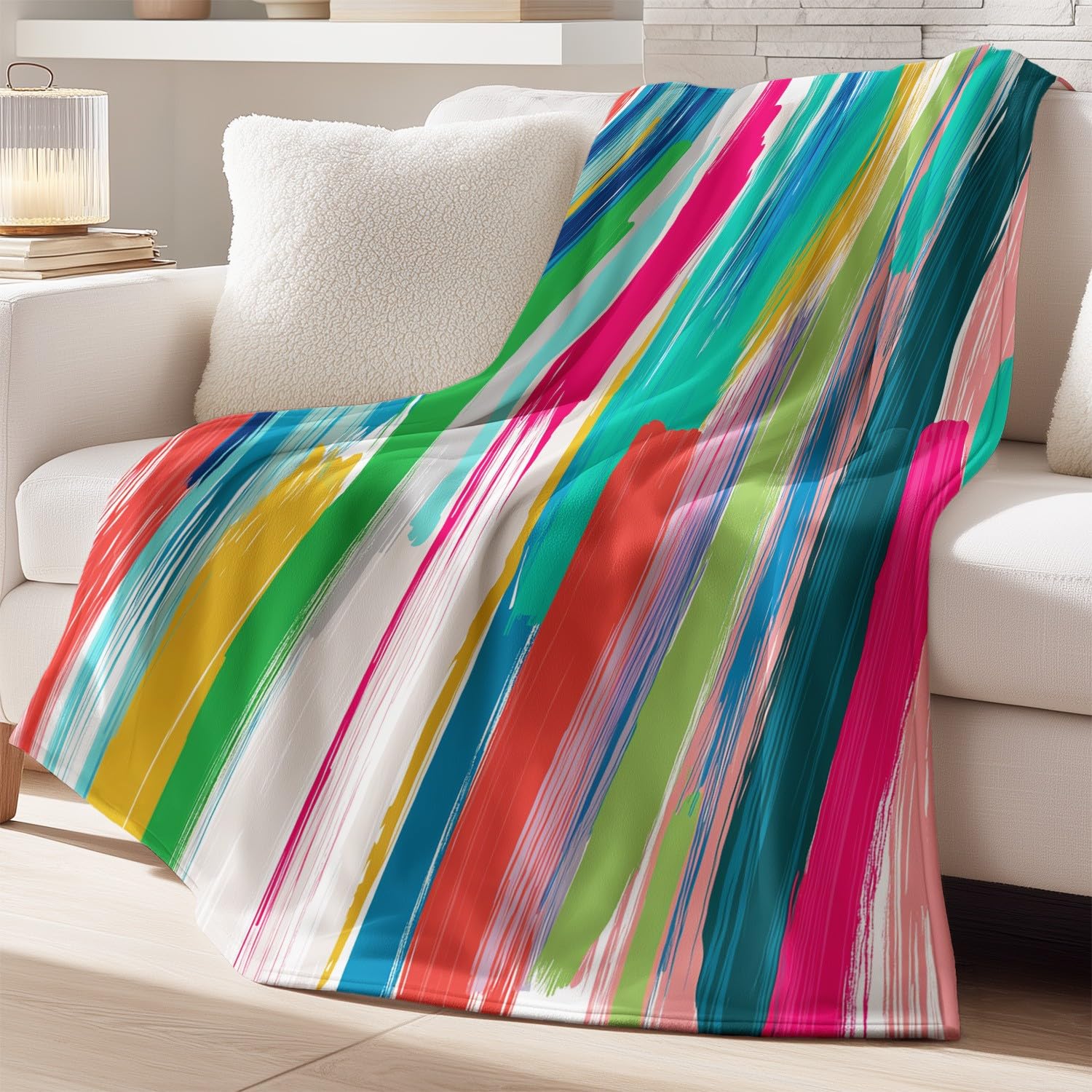 Générique Couverture Plaid Flanelle 180cm x 200cm Épais Couvertures Polaire d'automne Chaud, Modern Abstract Vibrant Dynamique Art Pinceaux verticaux Rayures Moelleuse Légères Couvertures