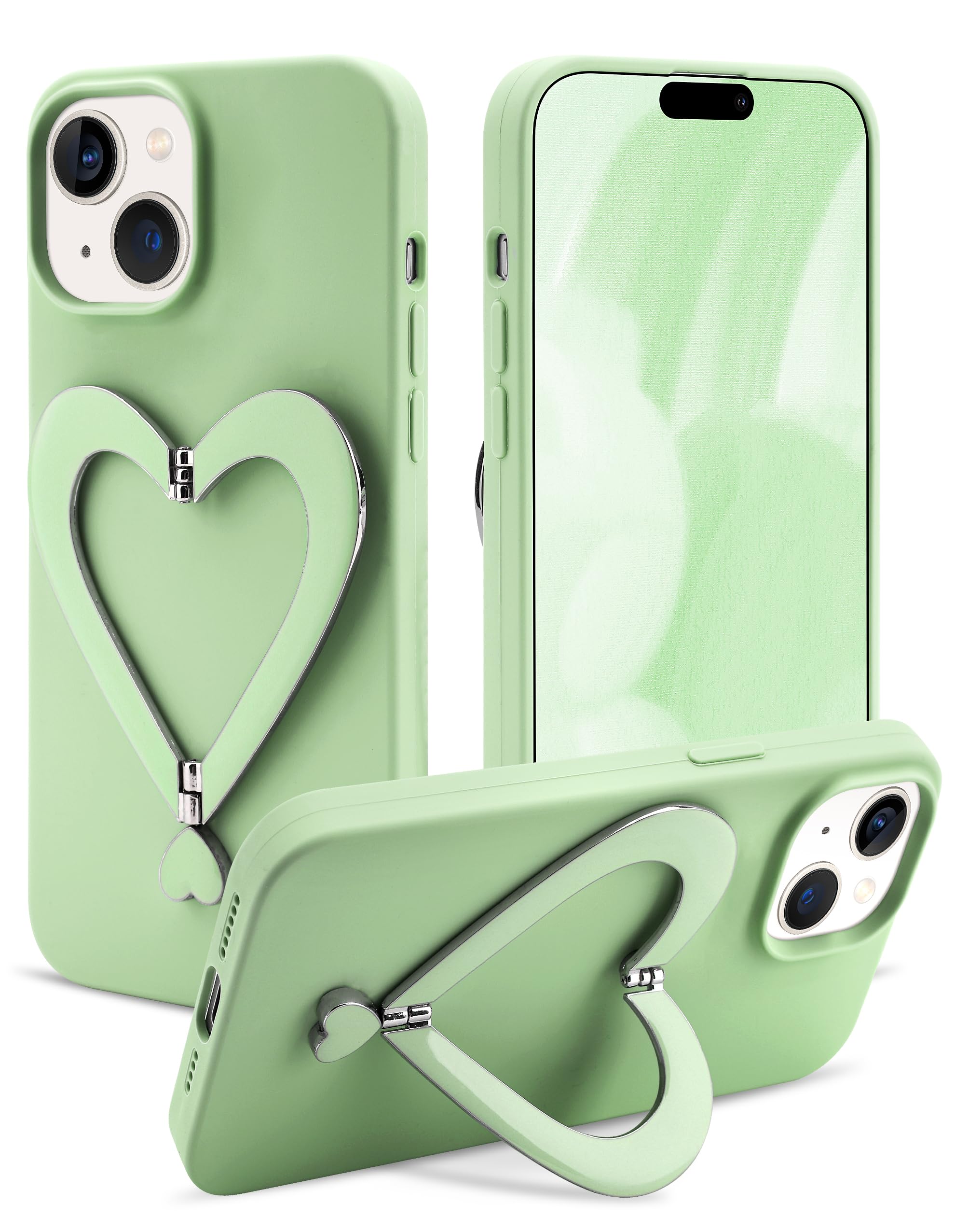 Jusy Case for iPhone 15, Cute Heart with 3D Heart Stand Slim Fit Liquid Silicone Soft Anti-Scratch Microfiber Lining Shockproof Protective Phone Cover