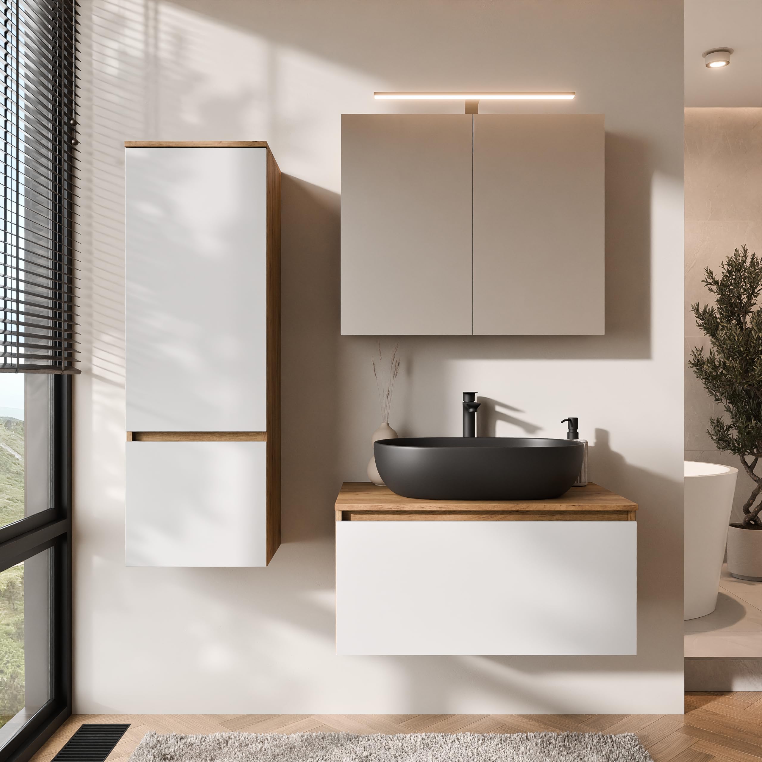Planetmöbel Arisa Badmöbel Set Waschtisch mit Unterschrank 80 cm Gold Eiche weiß mit ARIA Spiegelschrank und Hochschrank, Waschbecken 60 cm schwarz, inkl. Raumsparsiphon