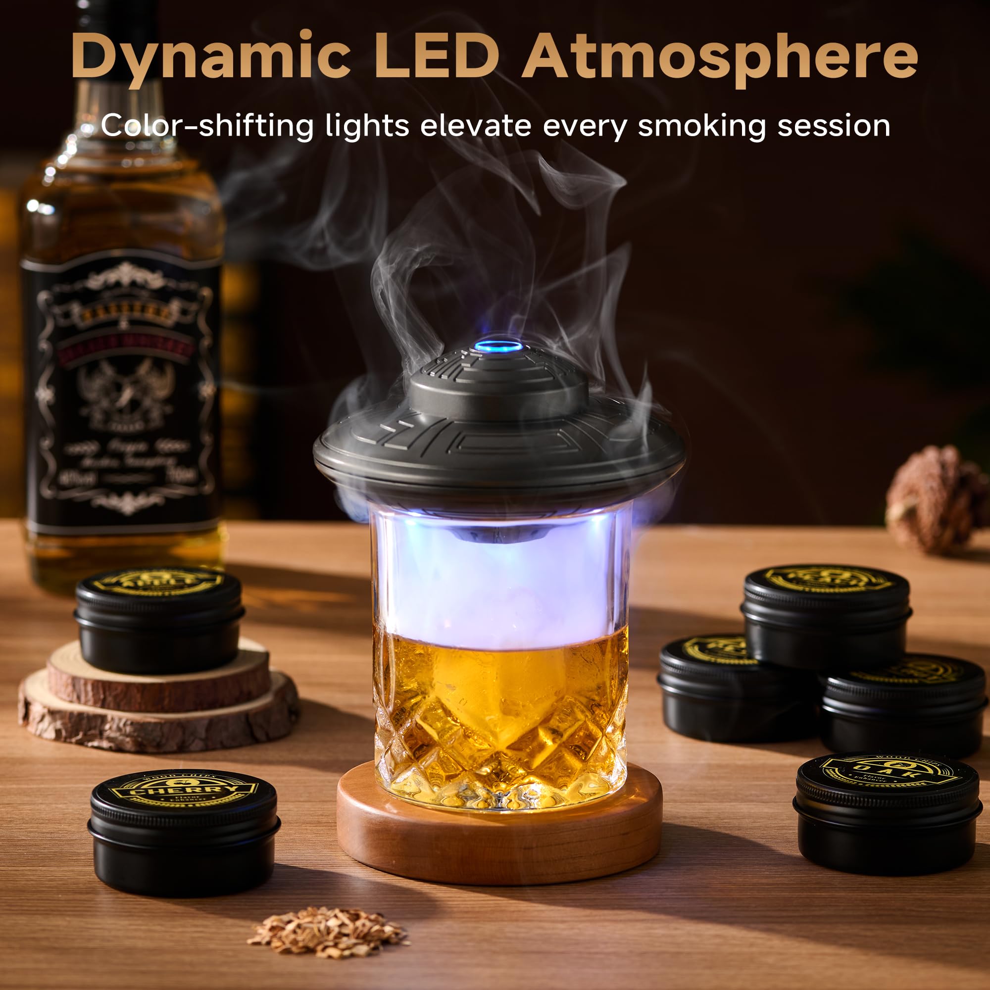 ComboJoy Kit per affumicatore elettrico per whisky, accendino integrato, 6 gusti di trucioli di legno, stampi per bicchieri e sfere di ghiaccio, kit ricaricabile per cocktail, kit per affumicatore di