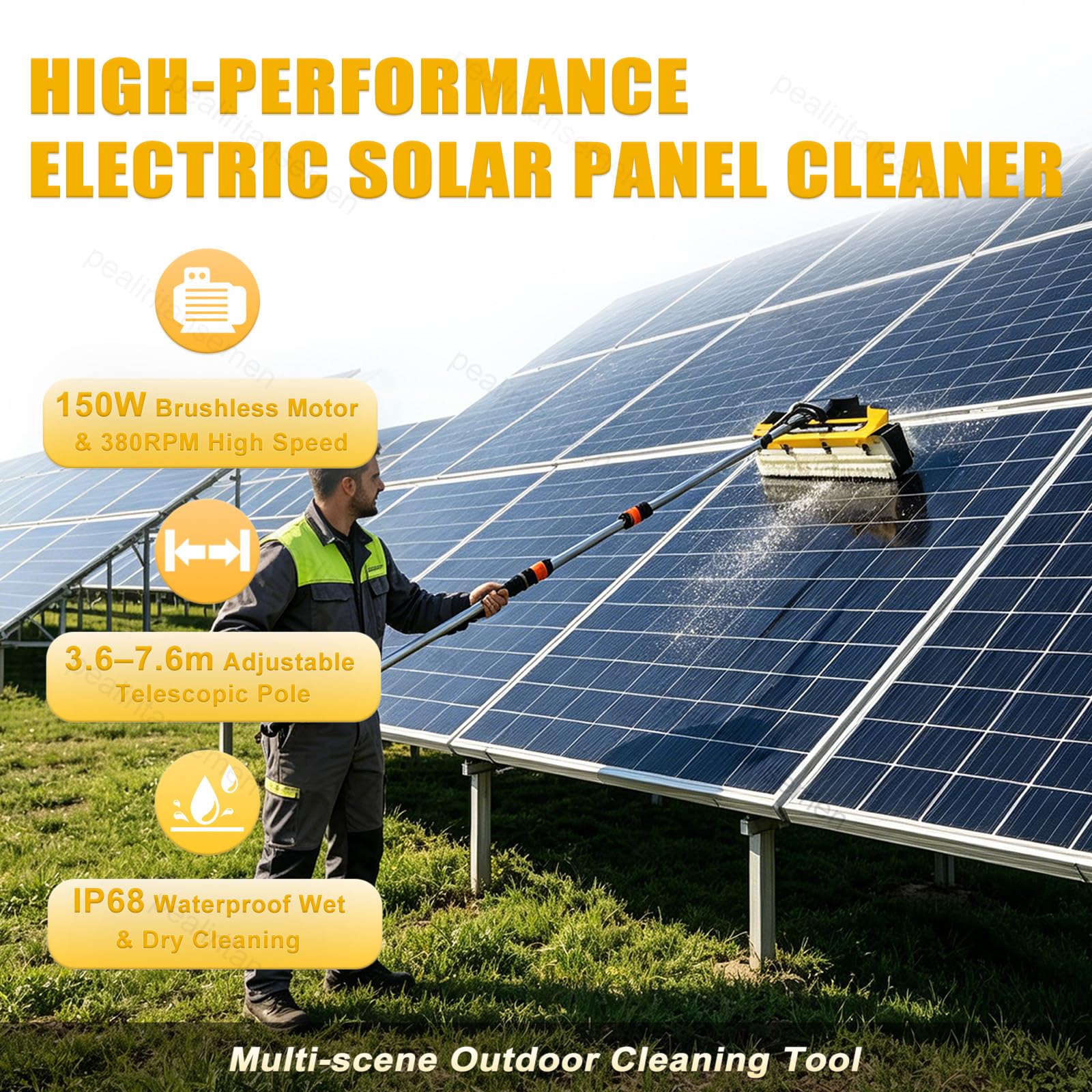 Cepillo eléctrico para limpieza de paneles solares, cepillo giratorio de 380 rpm, modo húmedo y seco con mango con suministro de agua para paneles fotovoltaicos, techos de caravanas, ventanas exterio